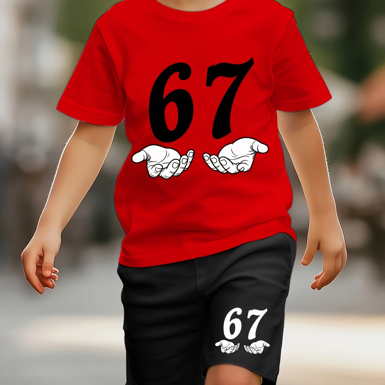 Boys 67 Palm Number Round Neck Versatile T-shirt And Shorts Set, For Outdoor