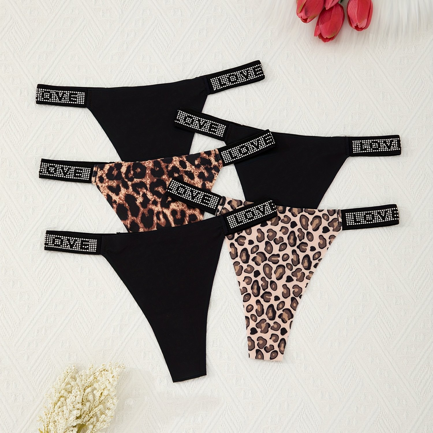 TEMU 5pcs Sexy Leopard Print Solid Color Seamless Women's Panties, Soft, Comfortable, Breathable, Quick-drying Underwear