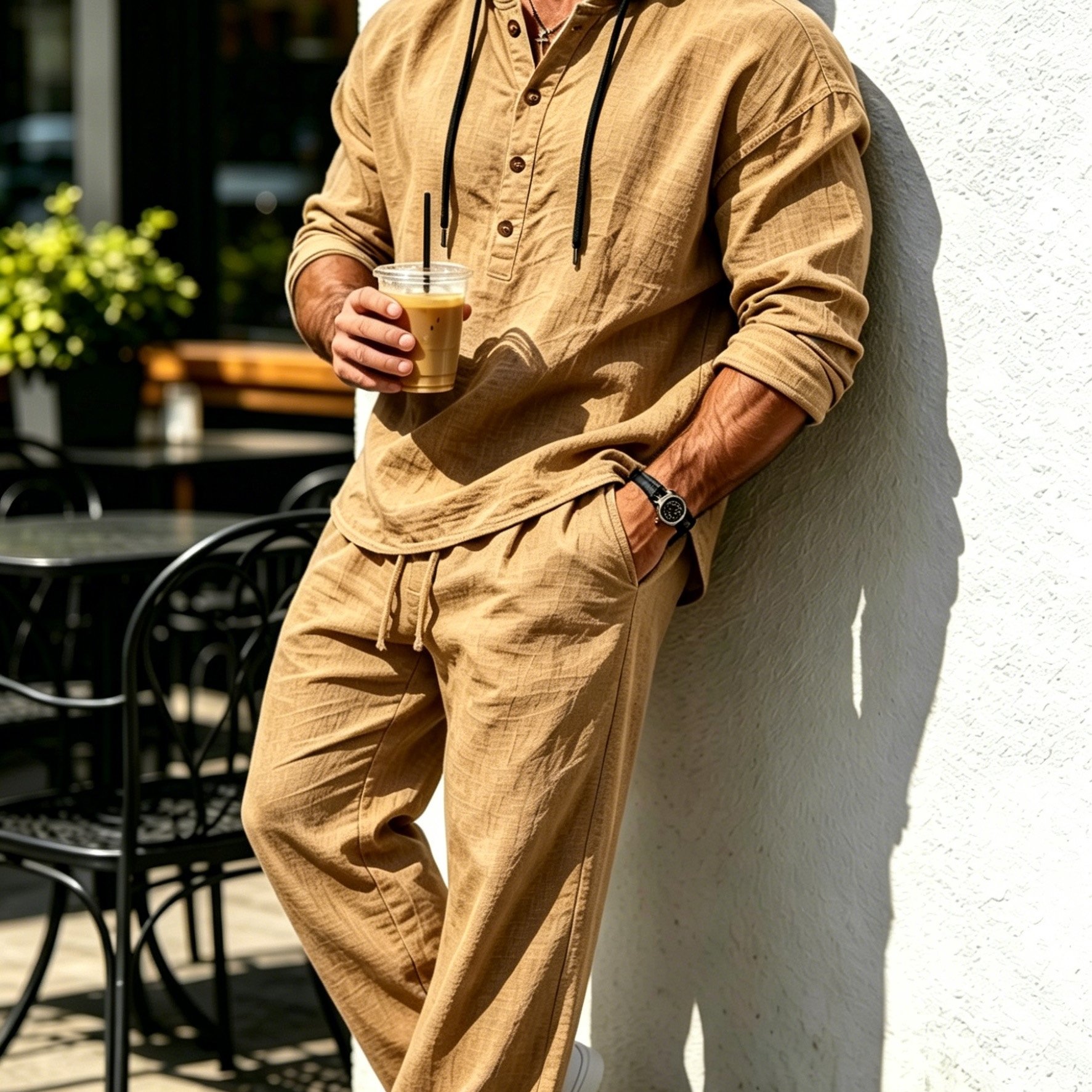 TEMU Men's Fashion Linen Two-piece Suit, Hooded Henley Long Sleeve Top And Drawstring Straight-leg Trousers, Breathable Textured Linen Fabric, Loose