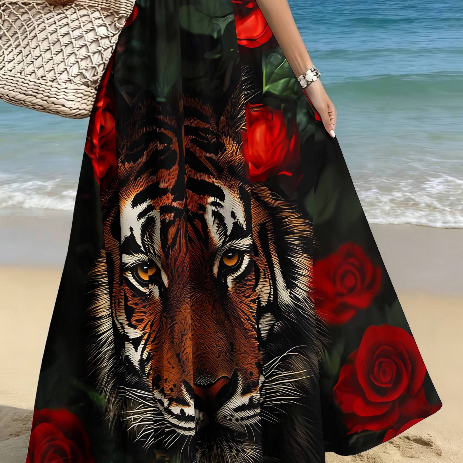 TEMU Plus Size Women's Elegant Fashion Skirt, Casual Printed Midi Skirt, Red Rose In Tiger Jungle Print, /casual/date/party/beach Women's Skirt,