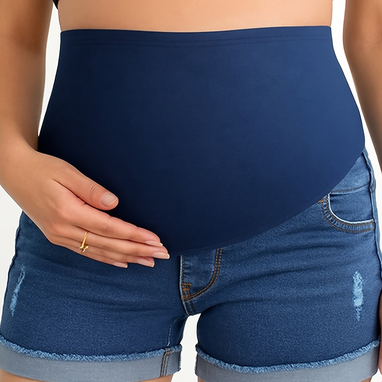 Elastic Waist Denim Shorts For Pregnant Women With Ripped Hem