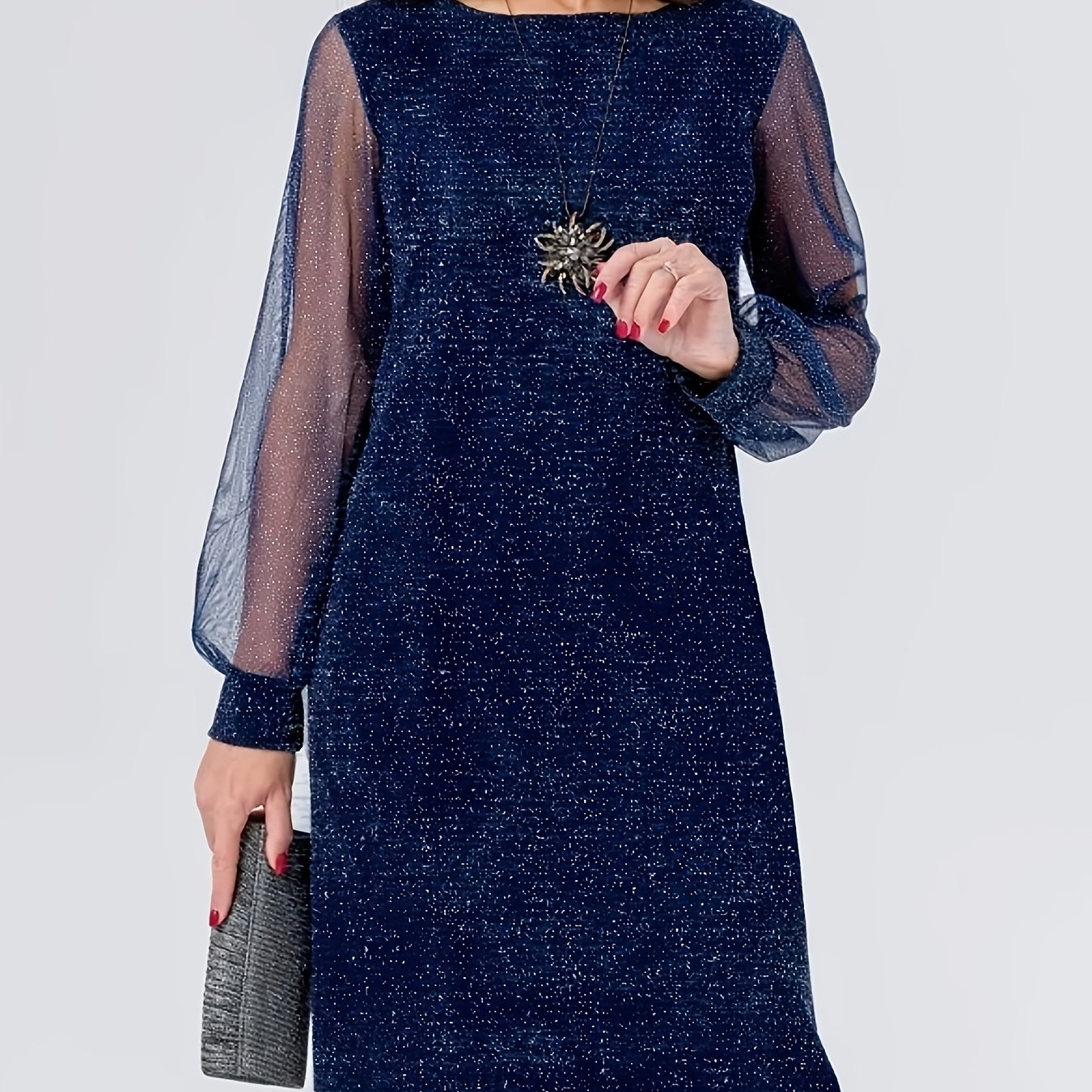 /autumn Dress With Mesh , Round Neck, Long Sleeves, Fashionable Fabric, Fit Dress