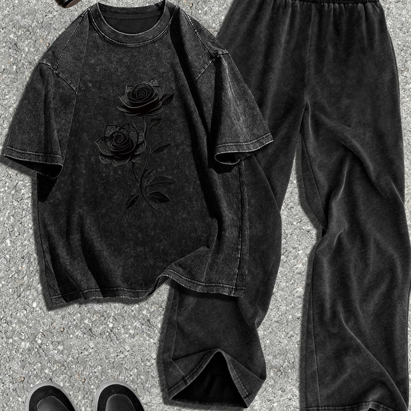 Image of Rose Print Washed Retro Short Sleeved Pants Set, Fashion Daily Wear, Suitable For Spring And Summer Wear Washed Short Sleeved Pants Set