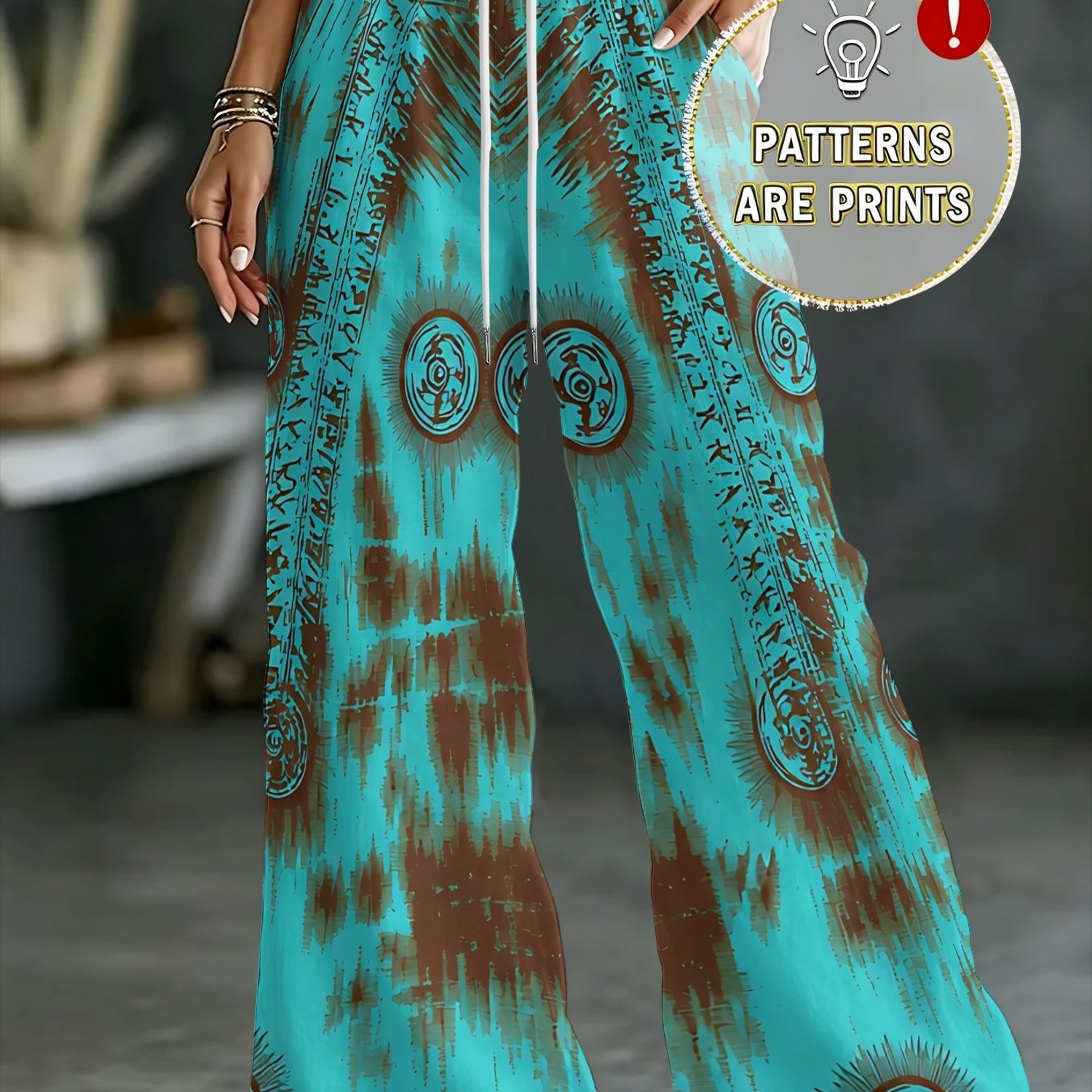 TEMU Brown Retro Totem Tie-dye Printed Wide-leg Pants Women's High-waist Drawstring Casual Trousers