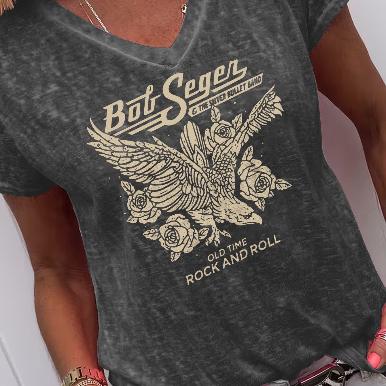 TEMU Rock And Roll Print Tshirt, Gentle Drape Elegant Summer Tee, Loose Type, Breathable Soft Comfortable Fabric, Easter's Day , Home Wedding Travel,