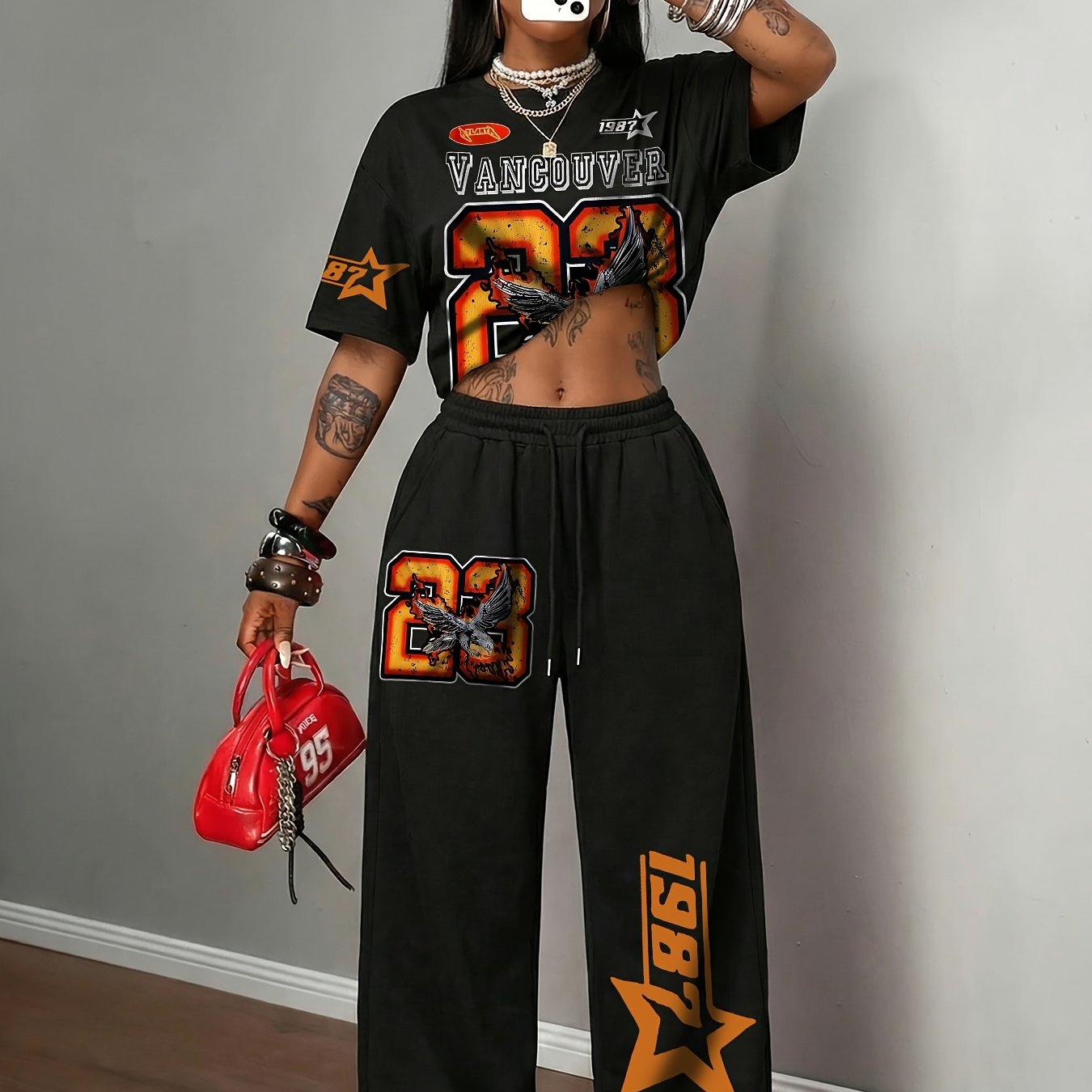TEMU Completo sportivo da donna retr簷 'VANCOUVER' numero 23 Flying Eagle, casual streetwear, corta, e pantaloni lunghi ampi con coulisse, set di due