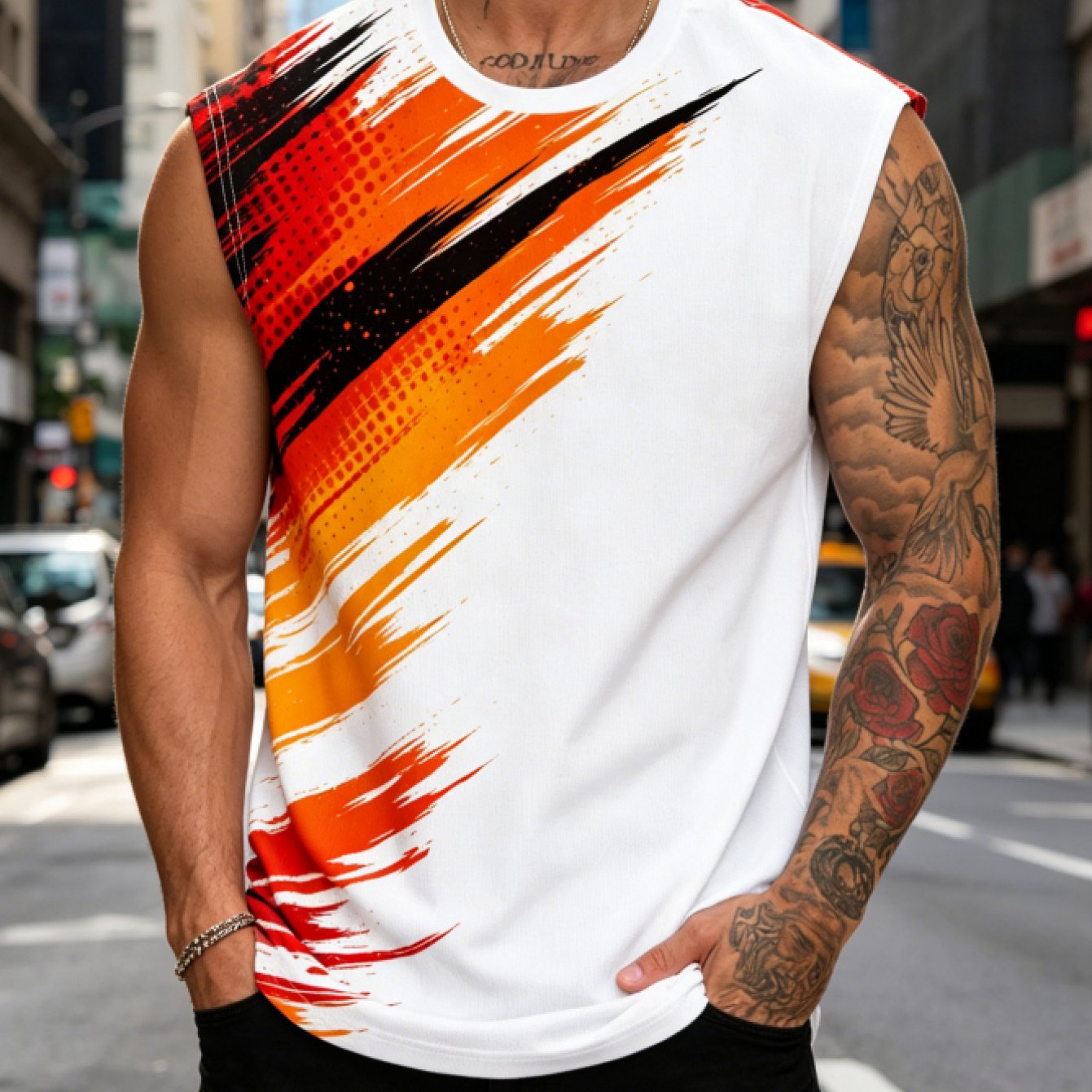 TEMU [printed Design-not Textured], Men' Splatter Striped Sleeveless Vest, Street Trendy Loose Fit Summer Casual Top, , Suitable For Home And Outdoor