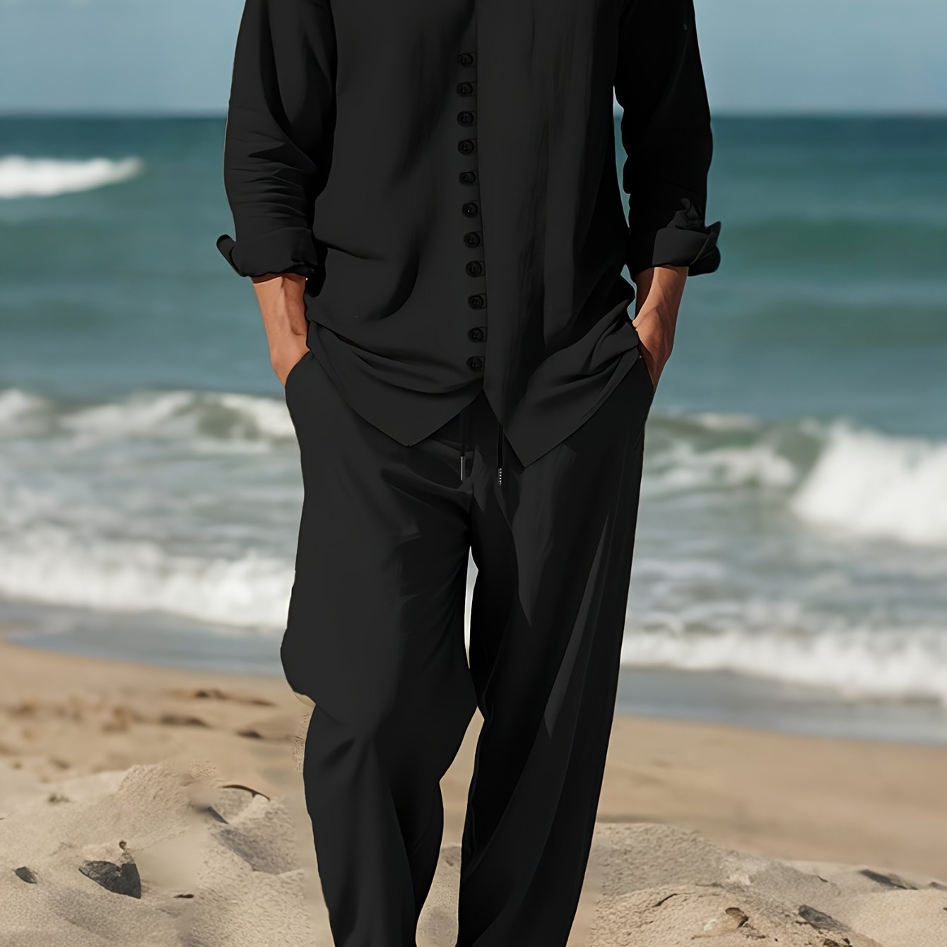 Image of Men's Fashion Solid Color Casual Set, Black Textured Fabric, Suitable For Casual Gatherings, Parties, Everyday Holidays, , Four-season Stand-collar Casual Set