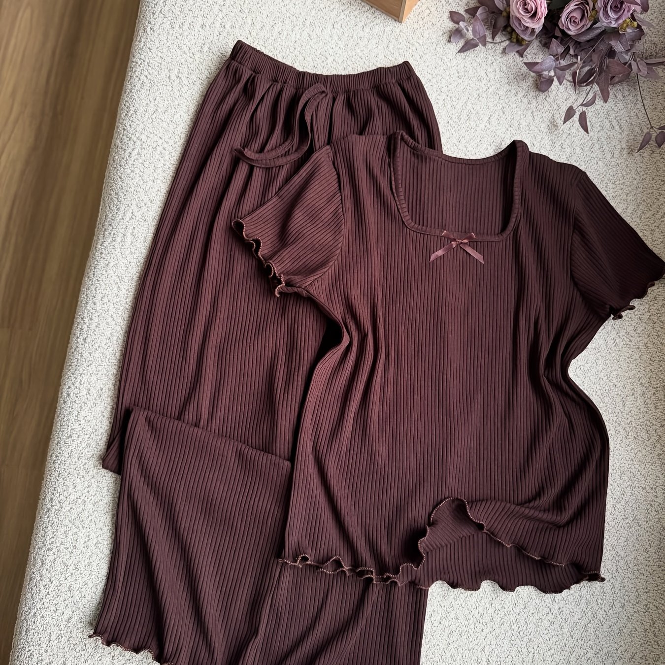 TEMU Summer New Thin Pit Bar Women's Pajama Set With Bow, Ear Fungus Edge, Short Sleeve Top, Straight Pants, Loose Breathable Home Clothes Set