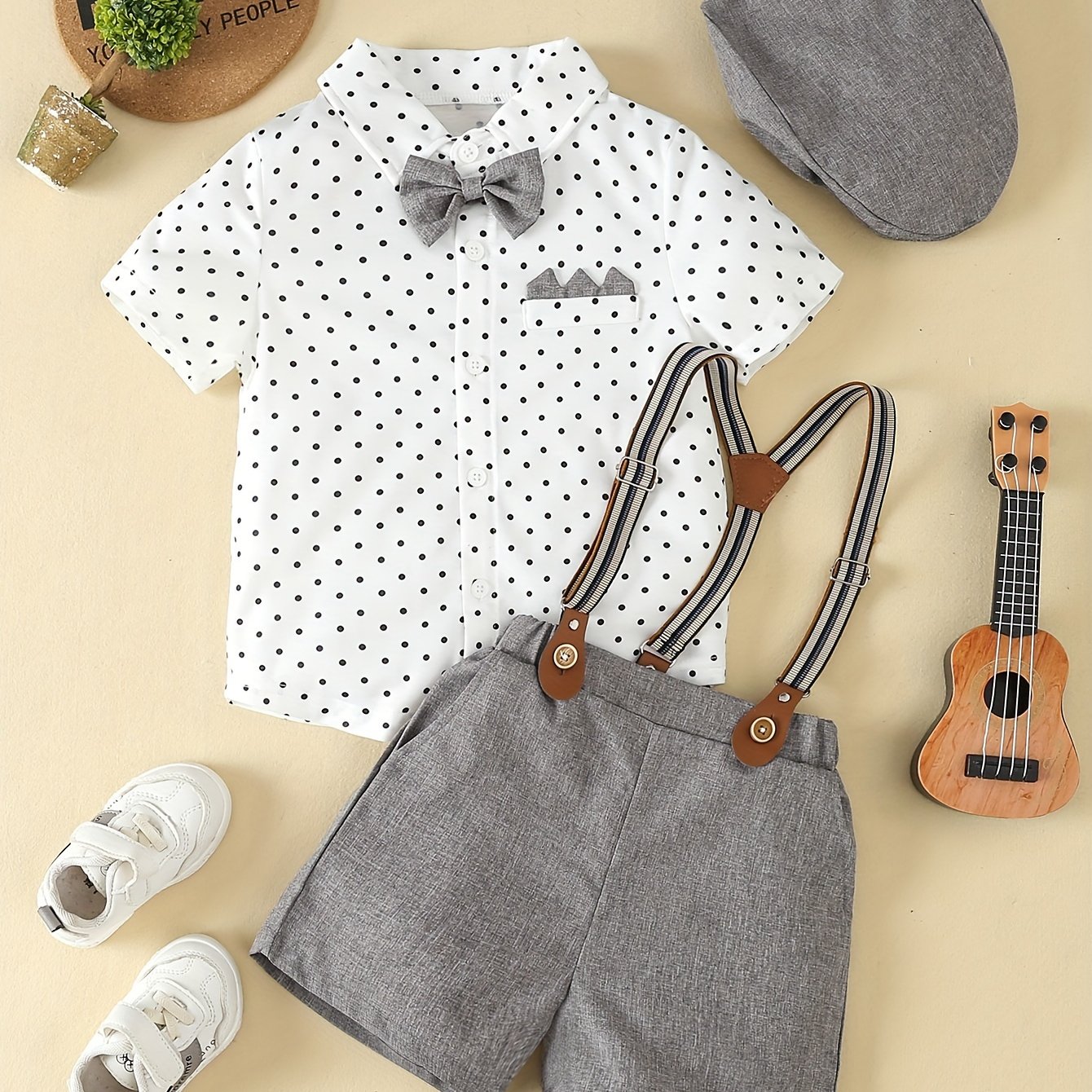 Image of Boys' Summer Party Gentleman Suit Three-piece Set, Bow Tie Polka Dot Short Sleeve Shirt + Suspenders Gray Shorts + Hat,fall And Winter Clothes