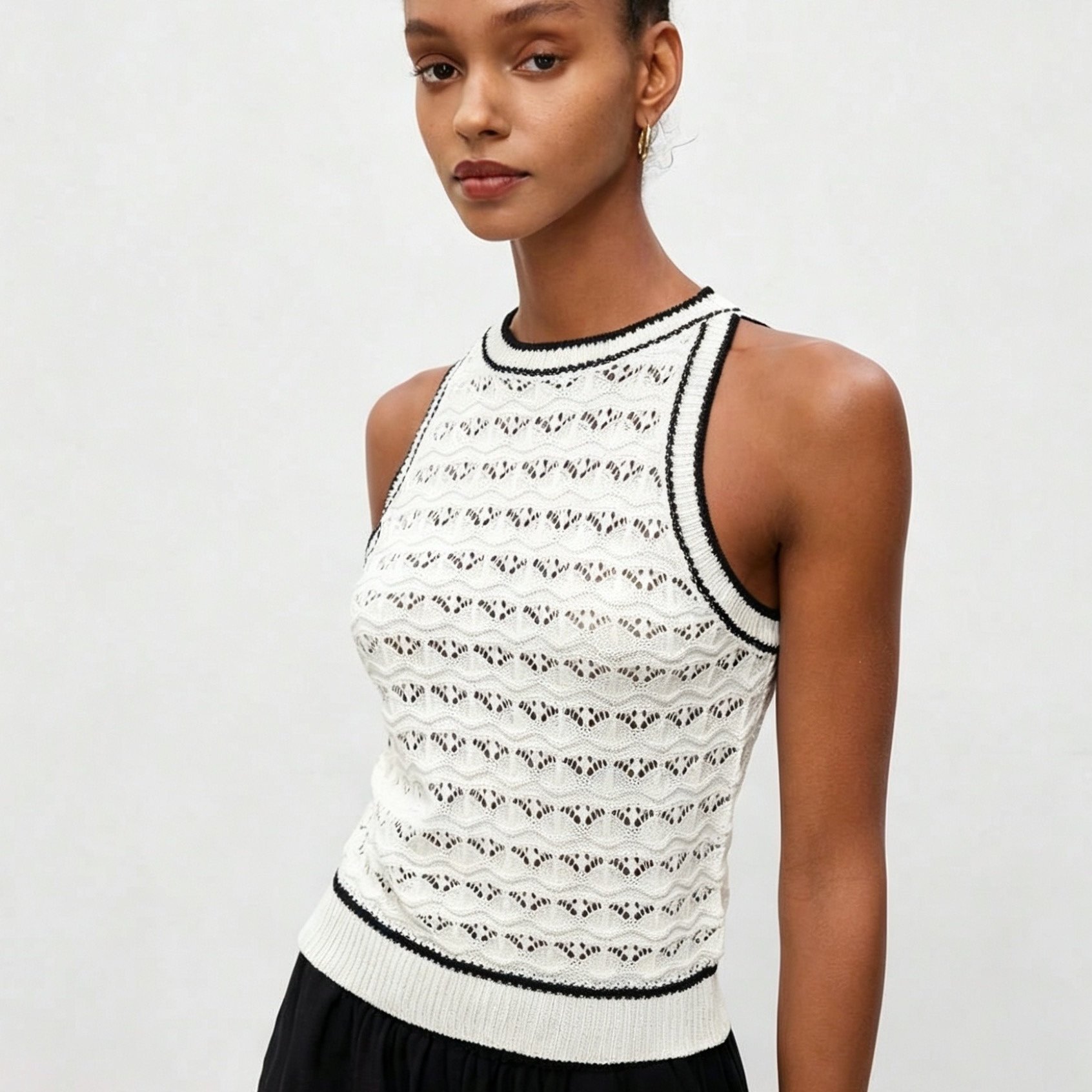 TEMU New Arrival French Style Hollow-out Tank Top For Women, Black & Block Halter Sleeveless Shirt, & Flattering, Versatile For & Date, Perfect For