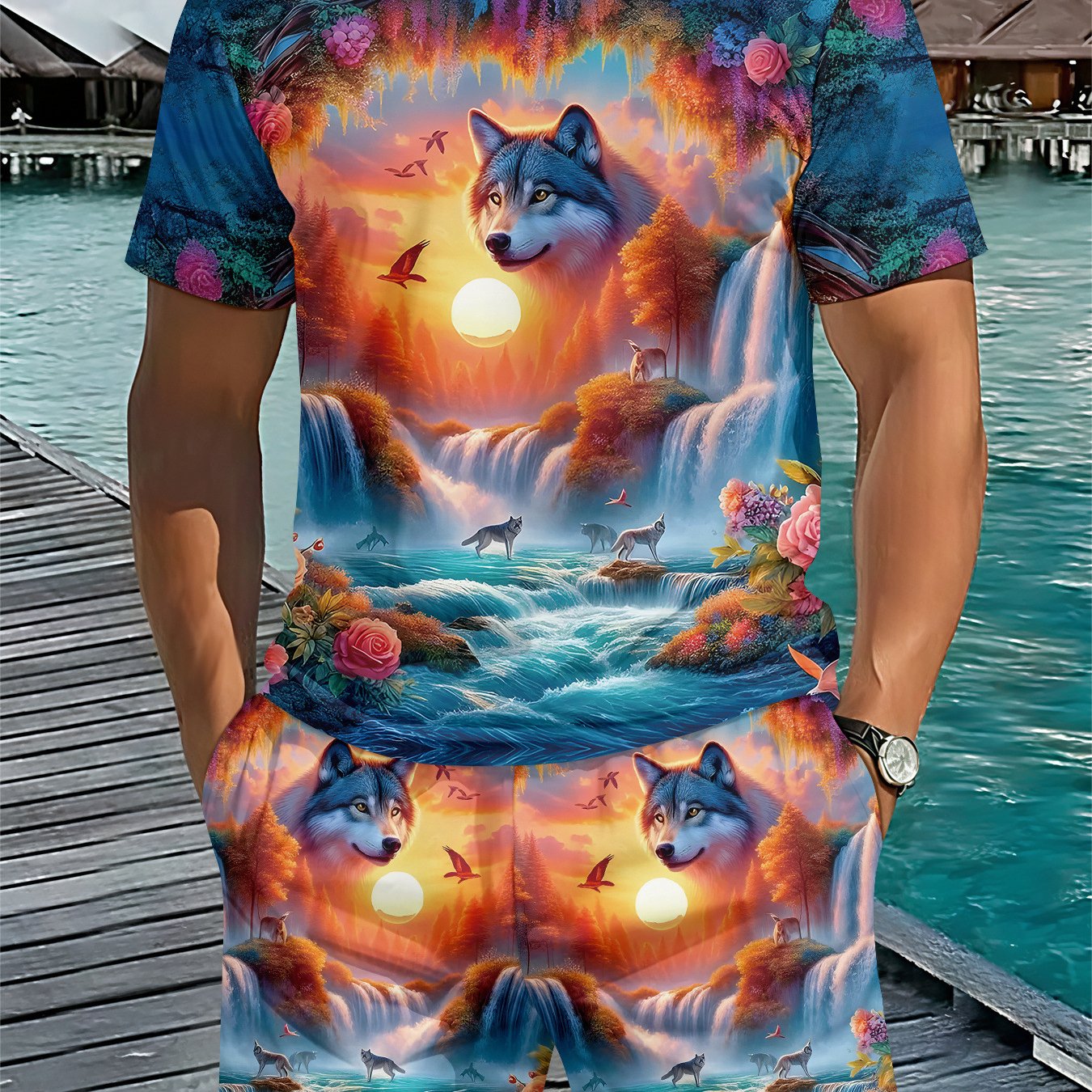 TEMU Men's Plus Size Leisure Set, Men's Plus Size Crew Neck Short Sleeve Set, Fantasy Nature Style, Iridescent Wolf Forest Waterfall 2pcs Set,