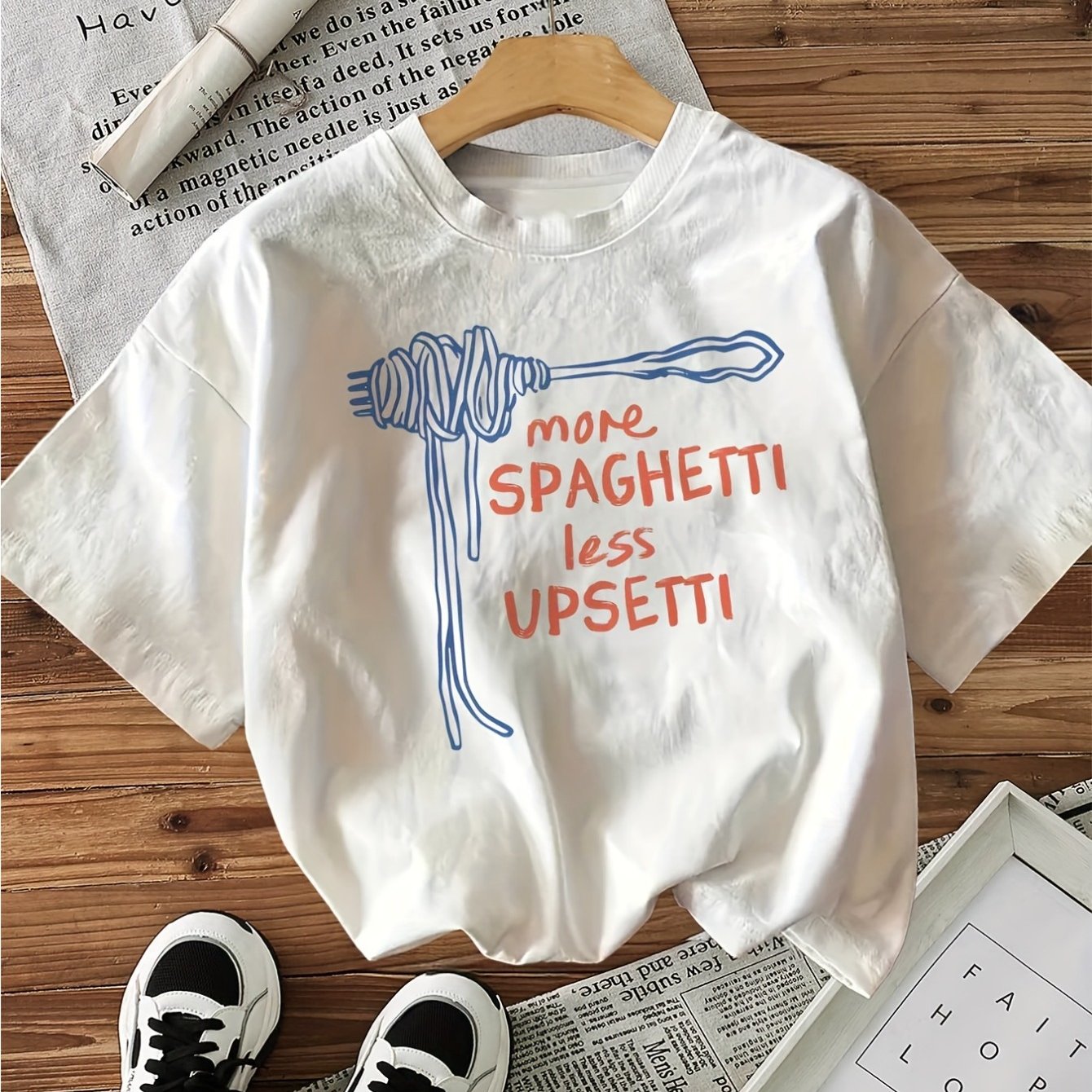 Image of Minimalist Italian Upsetti Pasta Print T-shirt - Spaghetti Lettering Short Sleeve Round Neck Casual Top, Suitable For - Wear, Italian-themed Everyday Outfits & Layering Piece