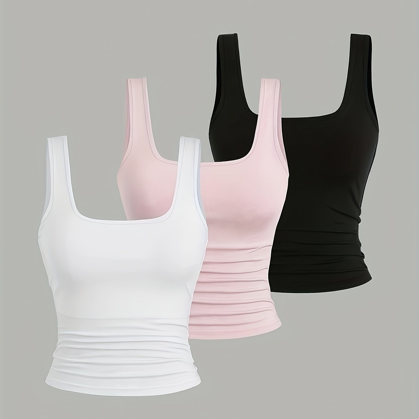 TEMU 3-teiliges einfarbiges Tanktop-Set, lässige vielseitige Sommer-Oberteile für Damen, Damenbekleidung