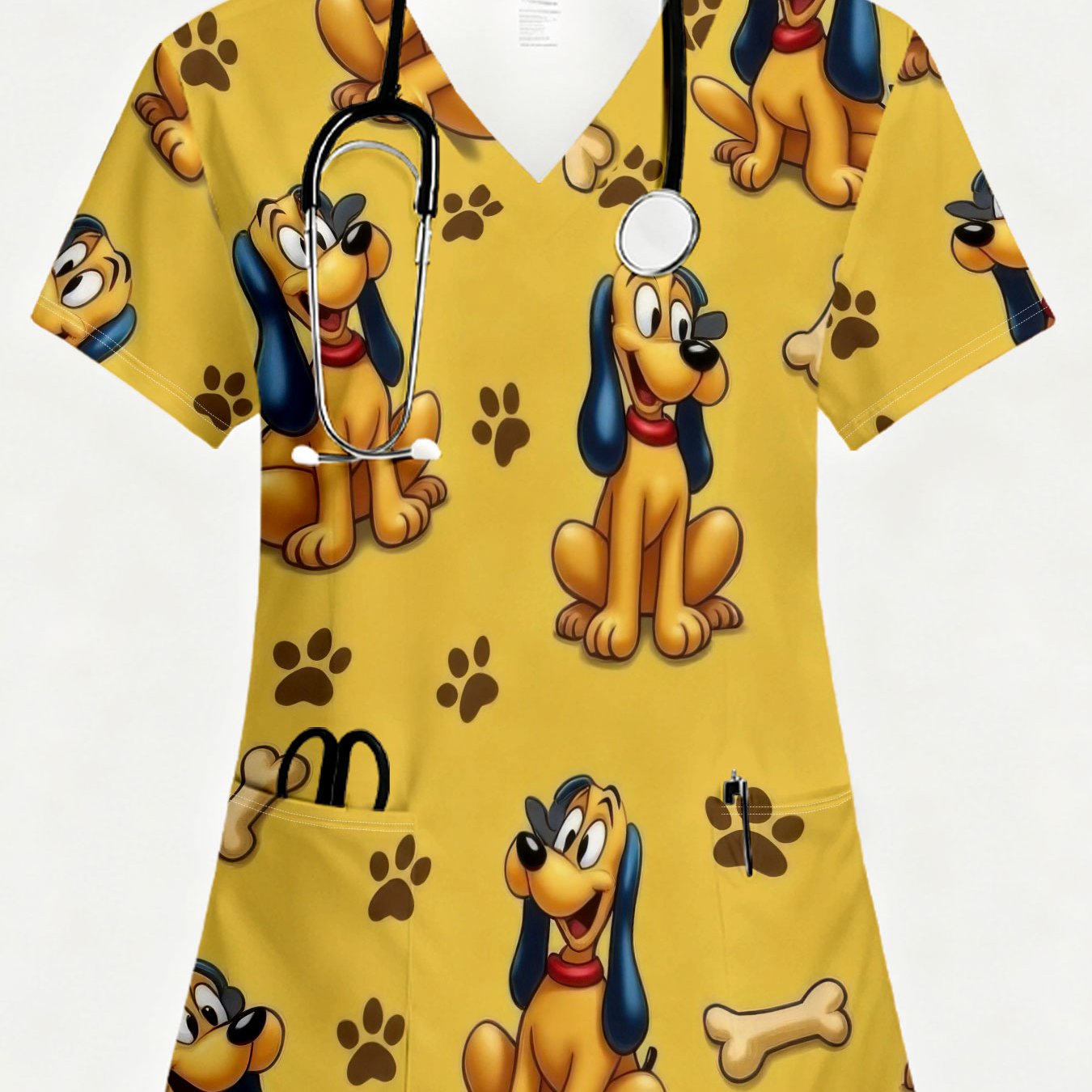 TEMU Elegant Women's Short Sleeve Nurse Uniform, Fashionable V-neck Top, Women's Scrub Top, Cartoon Dog Yellow Background Paw Print Bone High-quality