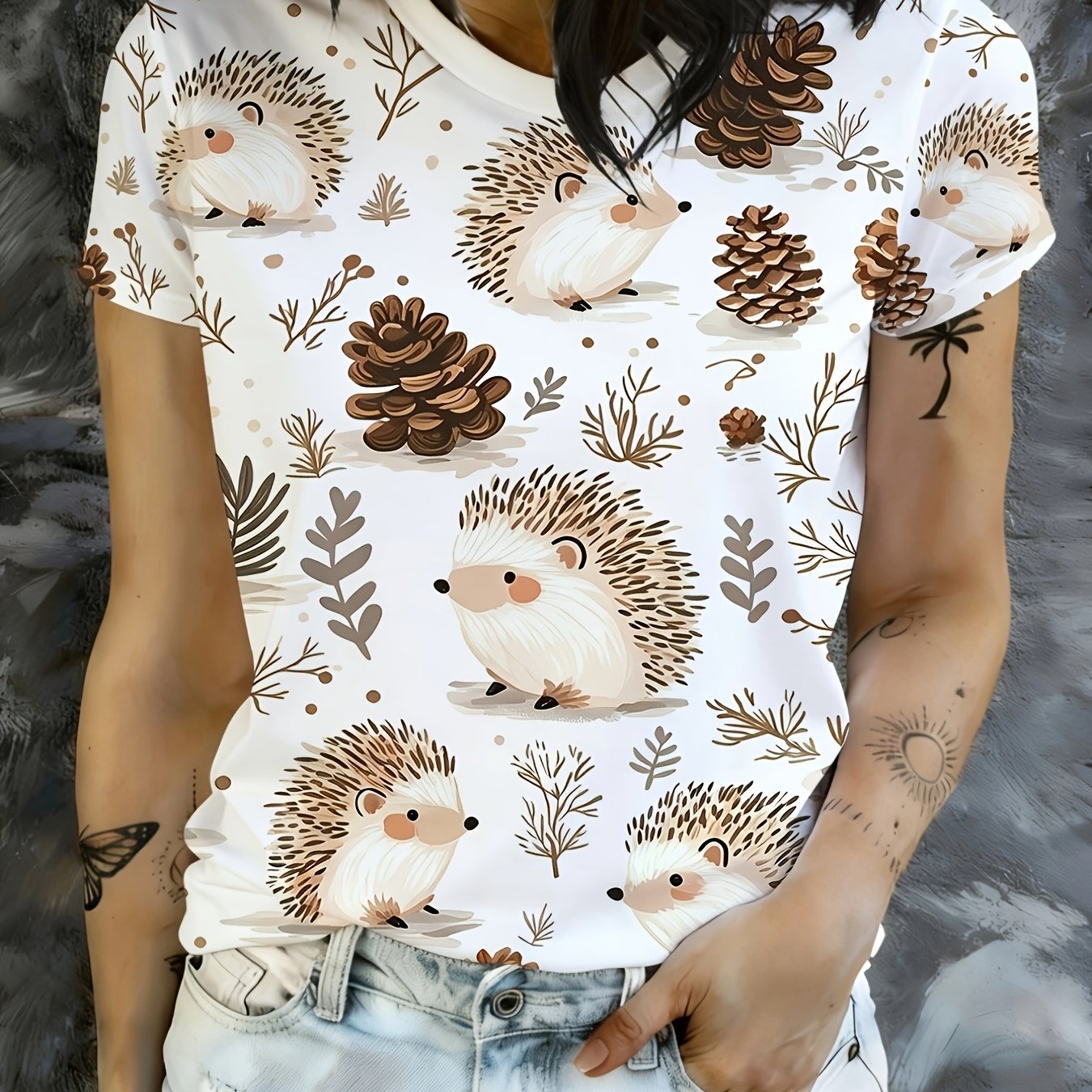 TEMU Printed Design â Not Textured, Forest-style Hedgehog And Print Short-sleeve T-shirt, Women's Crew Neck Top, Cute And Fun Watercolor Style Casua