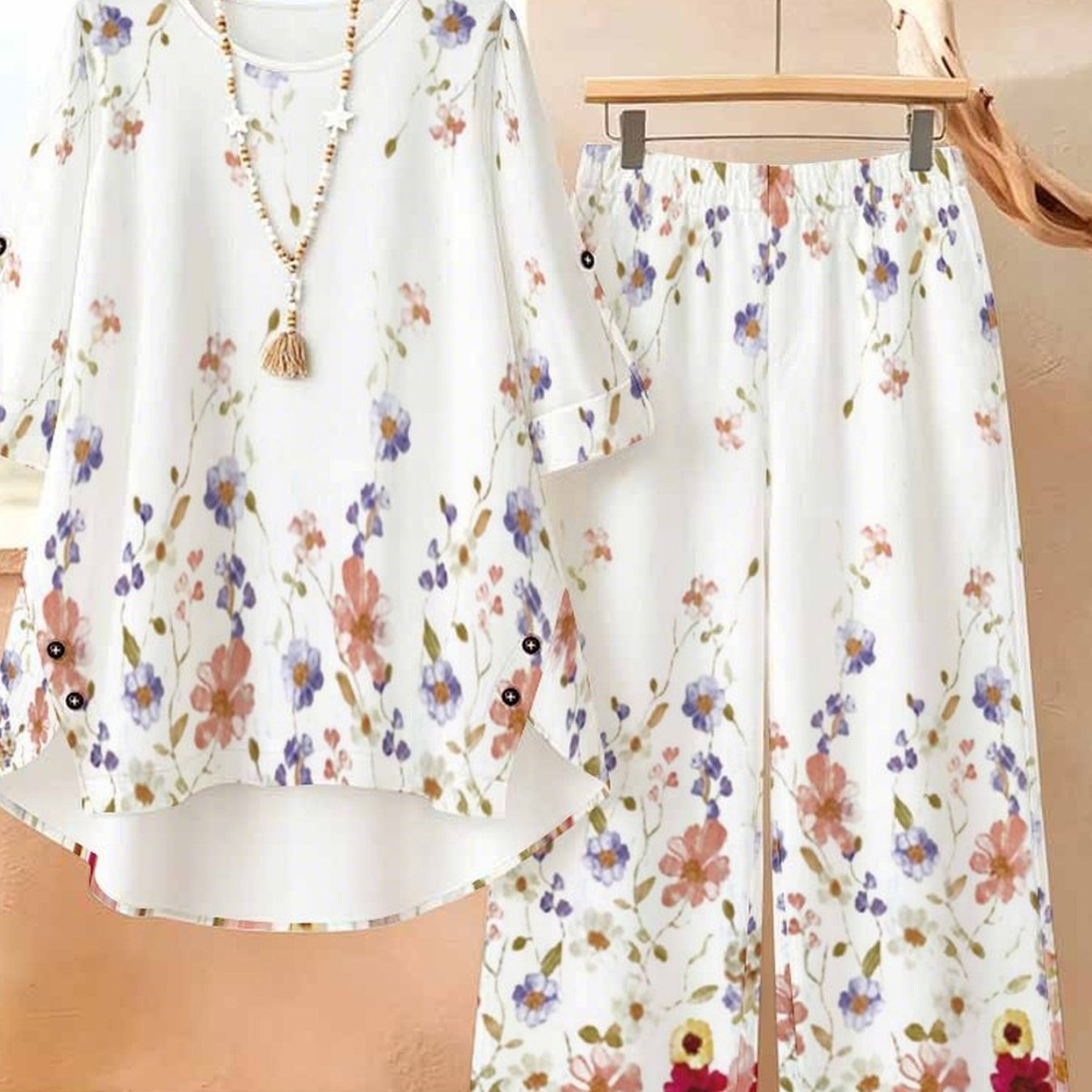 Plus Size Women's Two-piece Outfit, Three-quarter Sleeve Top And Wide-leg Long Pants, Casual Elegant Style