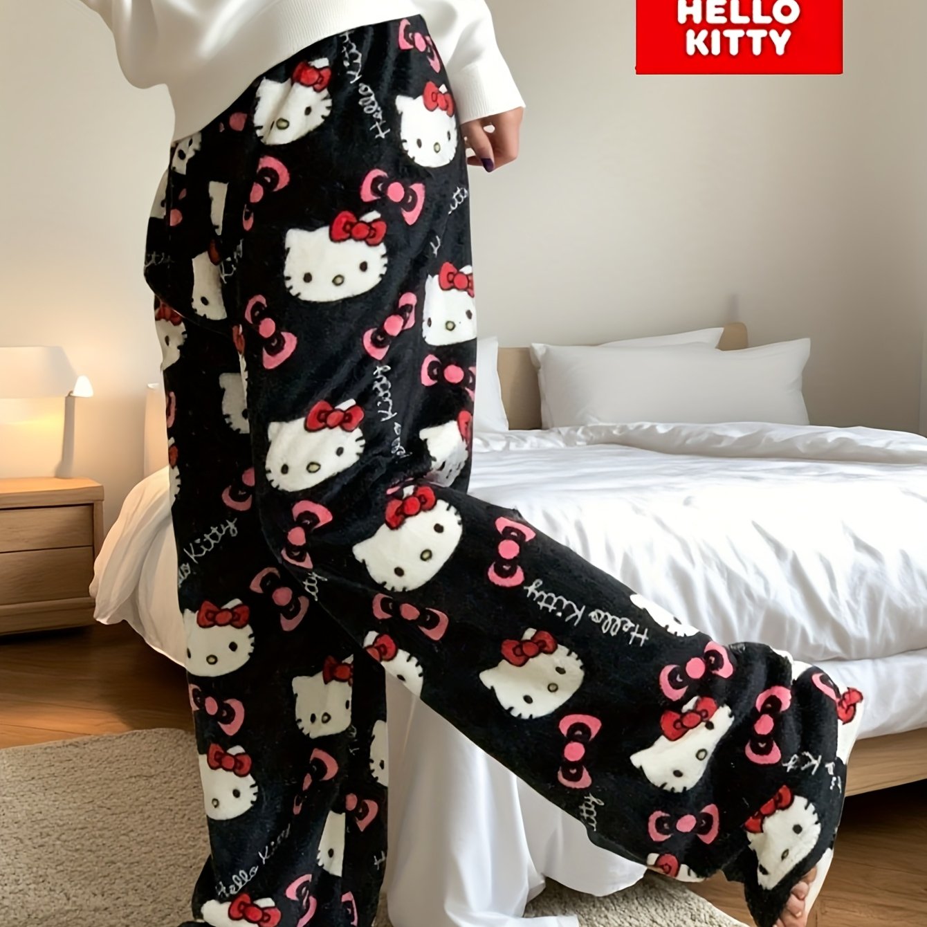 E-shop Hello Kitty lizenzierte Schlafanzughose für Damen – Winterwarmes Plüsch-Flanell, Übergröße, maschinenwaschbares Geschenk