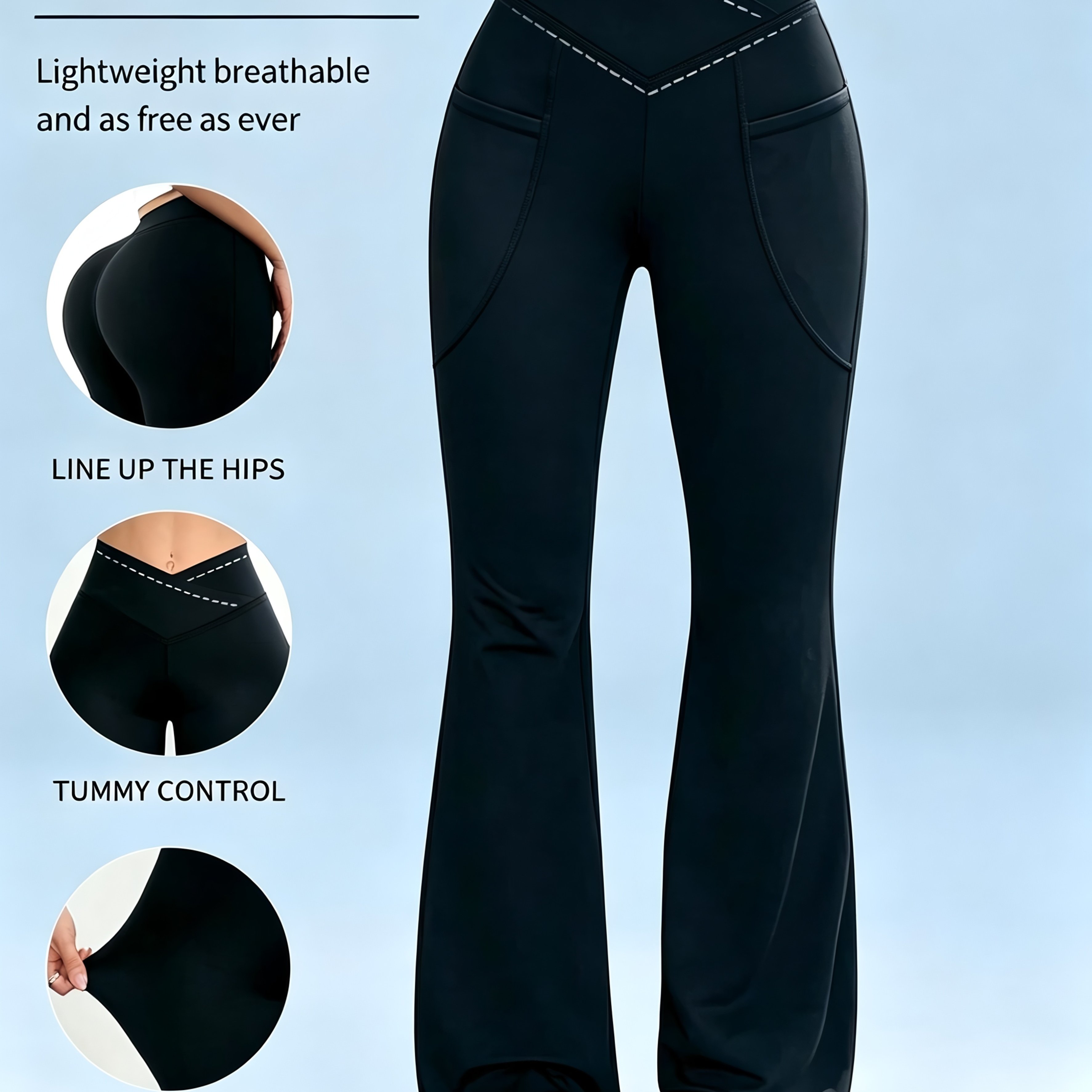 TEMU Women Cross Waist Flare Pants With Pockets, High Waist Soft Wide Leg Trousers, V-waist High Leggings, Casual Daily Outfits, Outdoor Running
