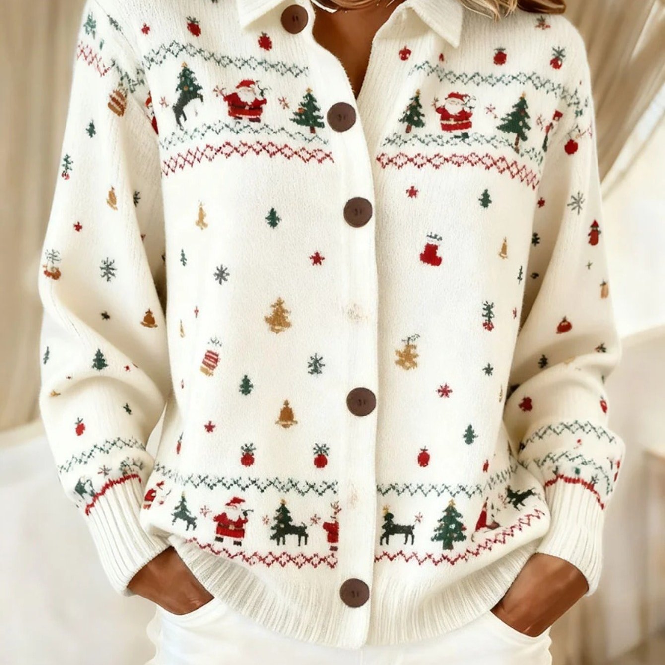 TEMU Women's Vintage Santa Claus And Christmas Tree Print Cardigan