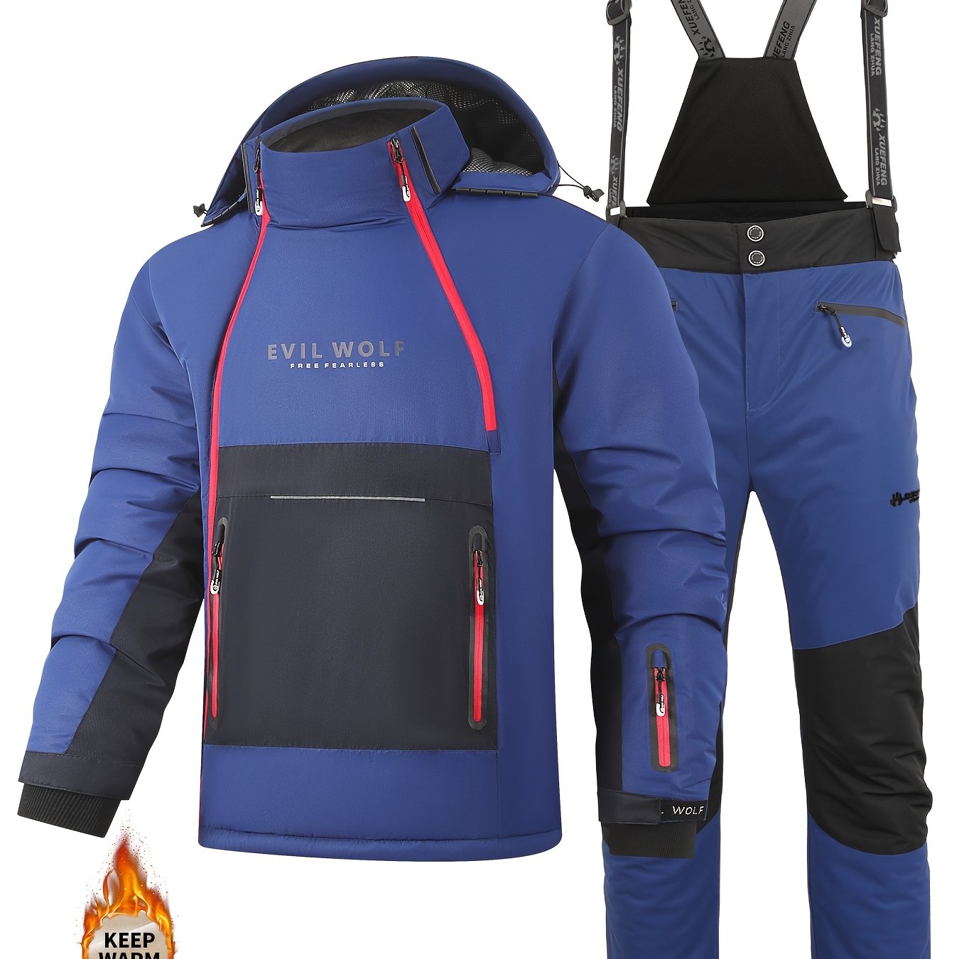 A New Winter Ski Suit For Men Featuring A Large Diagonal Zipper And Thickened Trousers, Designed For And , Perfect For Outdoor Skiing And Hiking In Winter. Made From 100% Polyester Fiber
