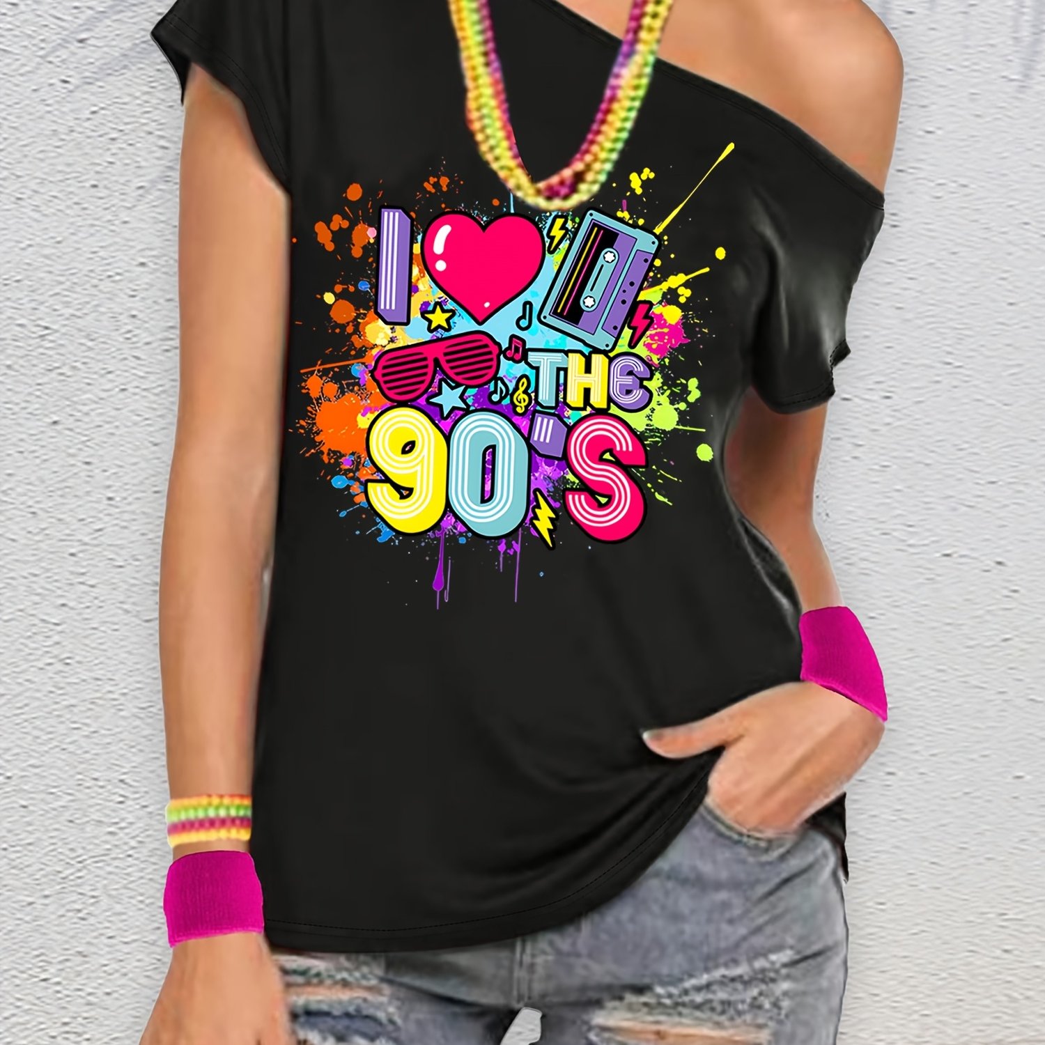 I The 90s With Its Retro, Nostalgic Neon Party Vibe. This Sexy Off-shoulder Women's T-shirt Features Radio Glasses, Graffiti , And Heart Graphic Prints
