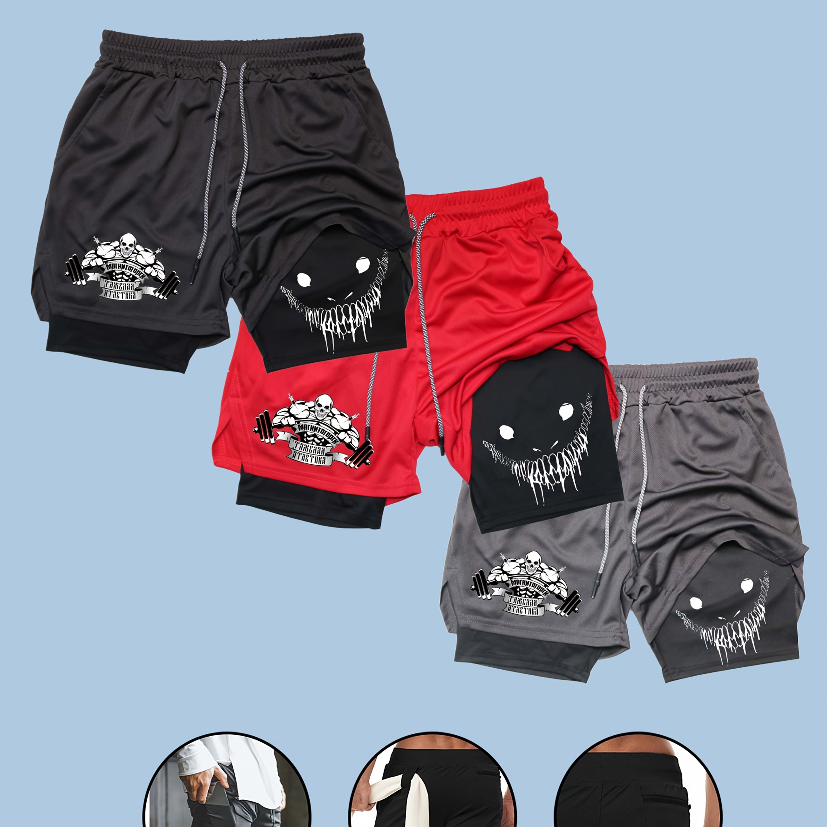 TEMU Indoor And Outdoor 3-pack Men's 2 In 1 Fake Two-piece Double-layer Lined Print Sports Shorts, Solid Color Multi- Gym Exercise Climbing Football