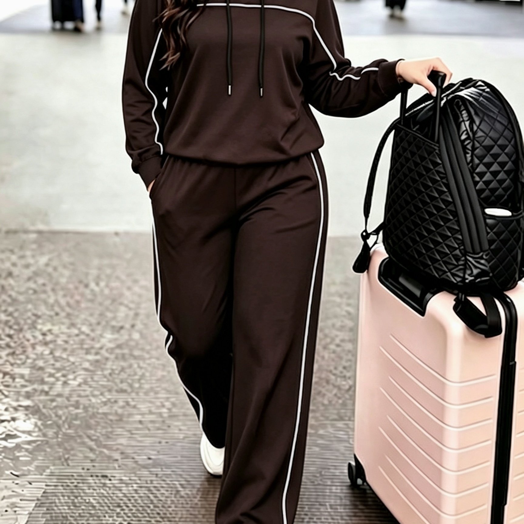 TEMU Plus Size Women's Fall Winter Contrast Hooded Top And Wide-leg Pants Outfit, Loose Casual Wear