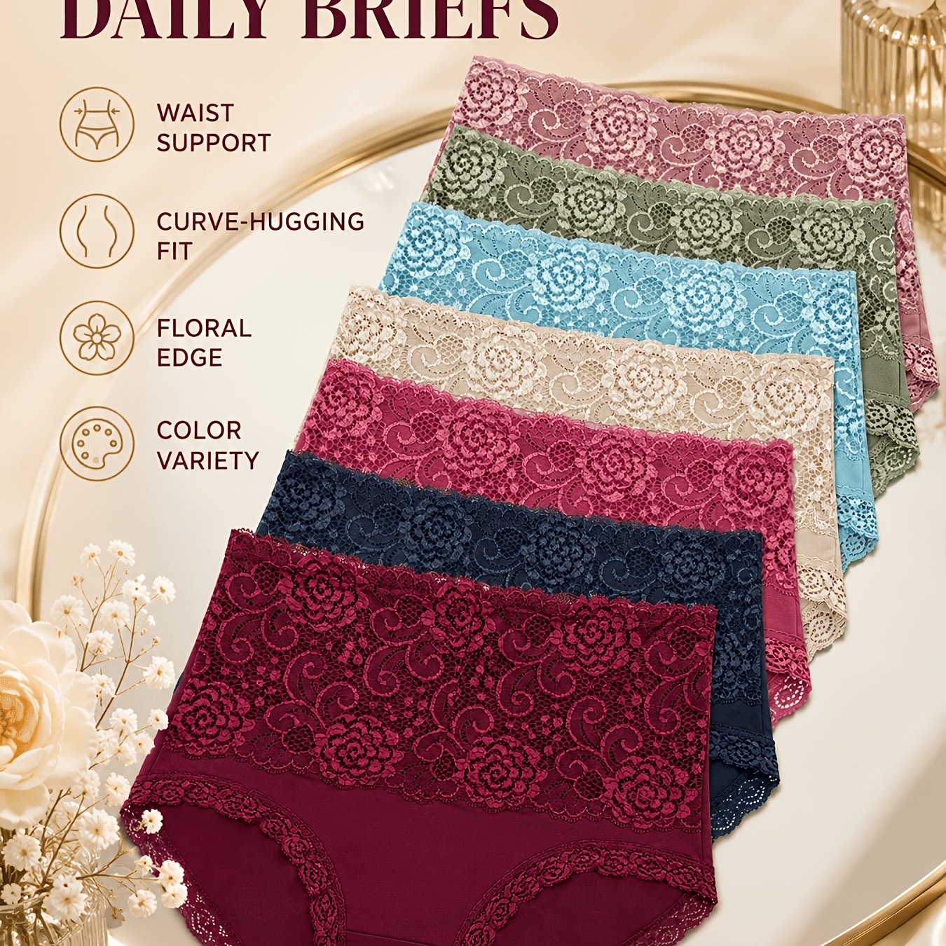 TEMU 7pcs Random Colors High-waist Floral Lace Women's Panties, Hollow Ruffle Tummy Control Hip-wrapping Breathable Skin-friendly Triangle Underwear,