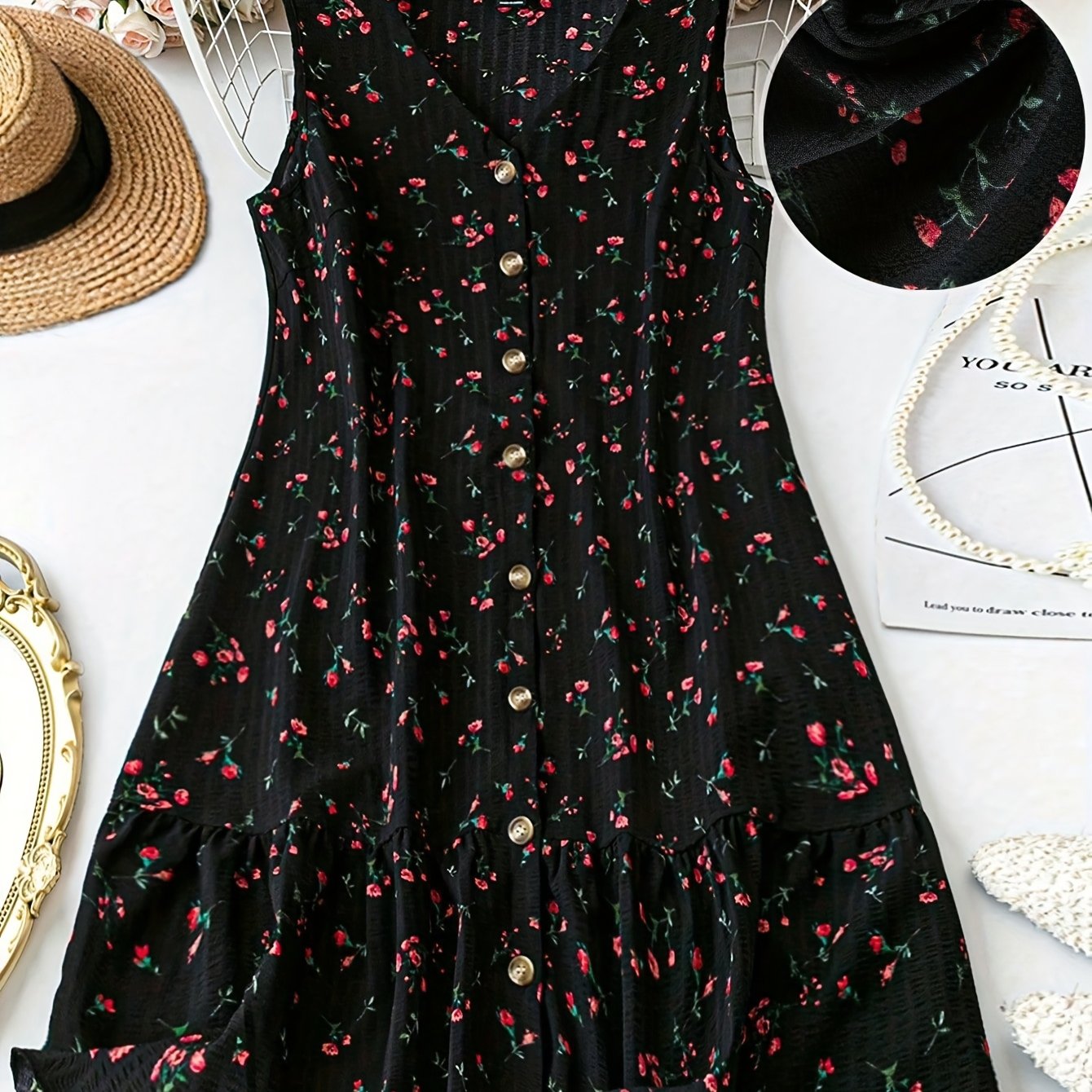 TEMU Women's Spring/summer V-neck Floral Print Ruffle Hem Casual Dress With Button Details - Sleeveless A-line Dress For Casual Attire