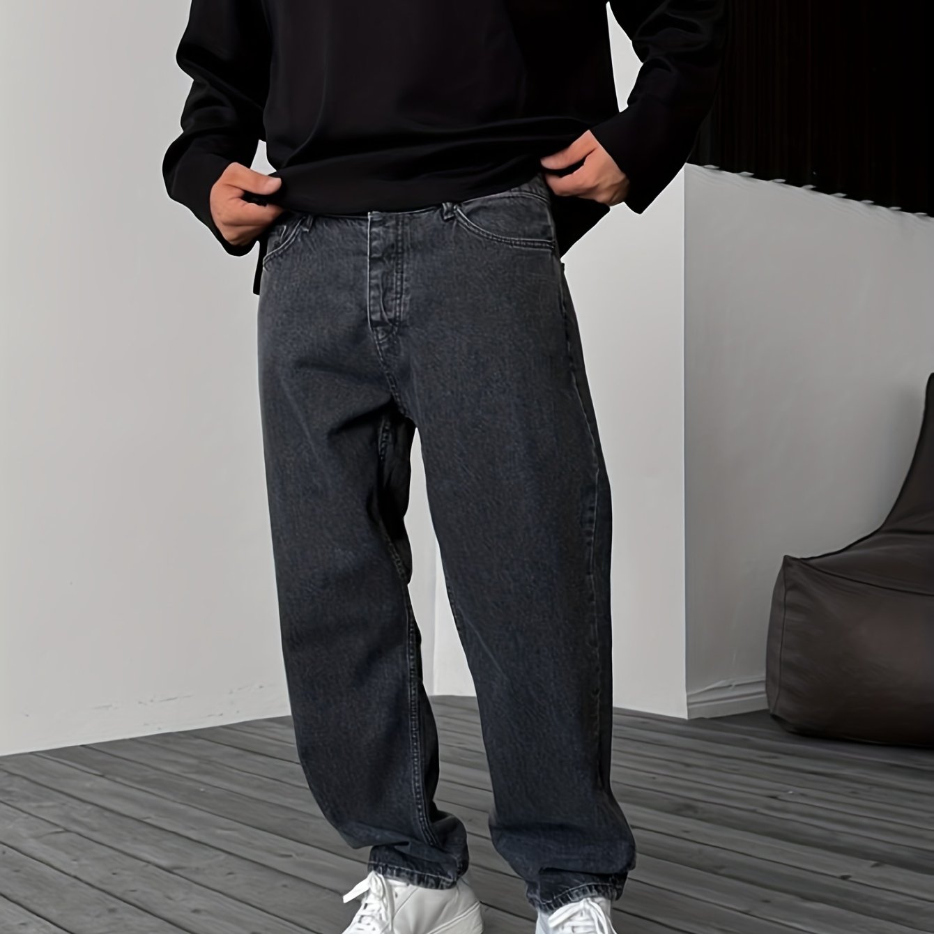 New Streetwear Trend Men's Baggy Jeans, Fashionable Men' Color Straight-leg Loose Fit Denim Pants