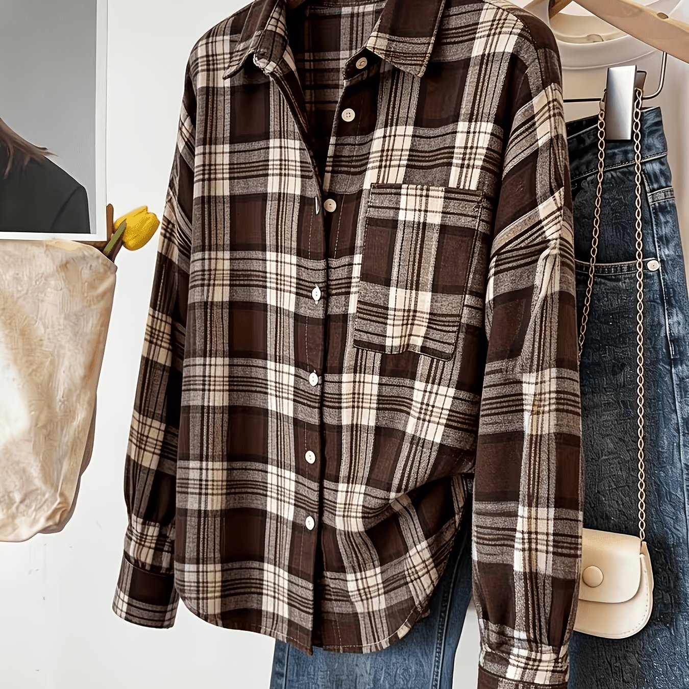 TEMU Bk260805505 Women's /summer Plaid Print Lapel Long Sleeve Loose Fit Casual Fashion Shirt