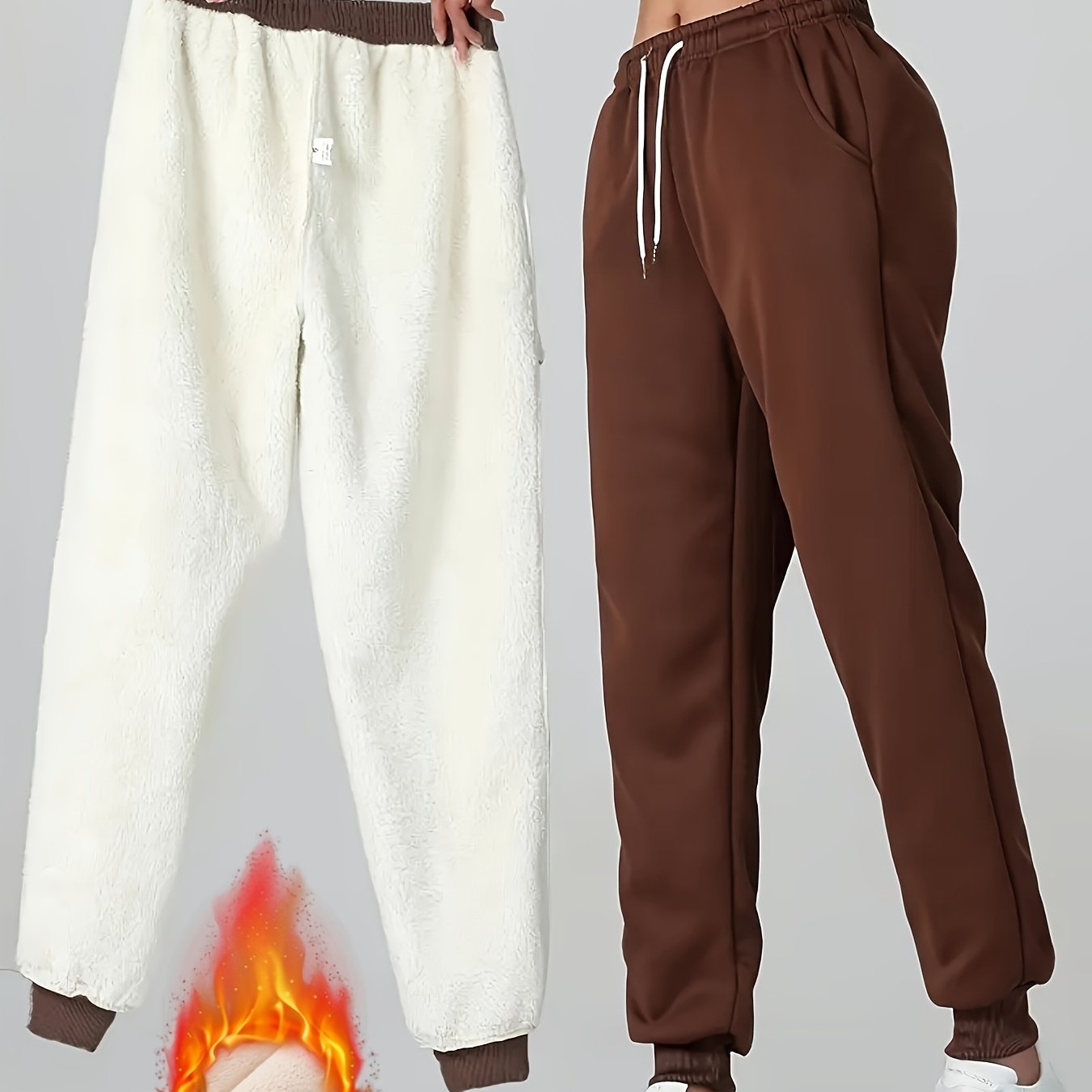 TEMU 1pc Women's Winter Thermal Pants - Thickened Full-length Elastic Waist With Ankle Pocket & Full-length Pockets, Solid Color Pants Suitable For