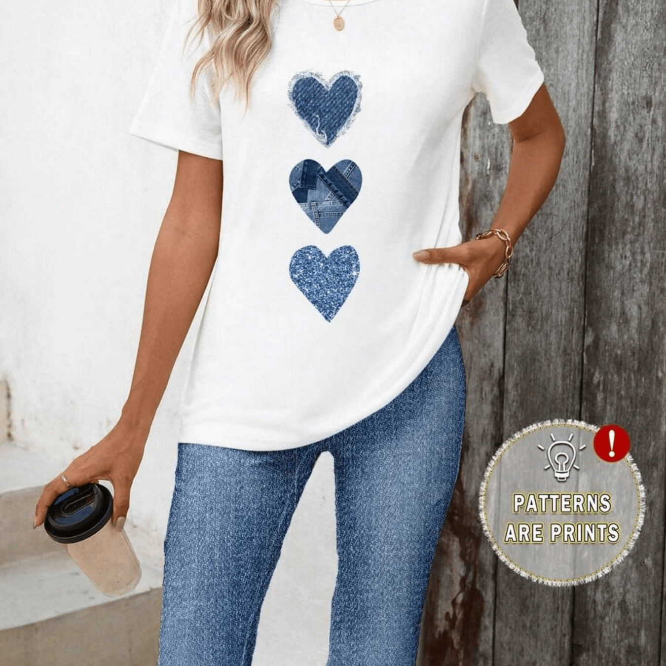 TEMU Plus Size, Women' & Blue Heart Print - Breathable Everyday Casual Top, Machine Washable Round Neck Tee For Spring Summer Outfits, Versatile