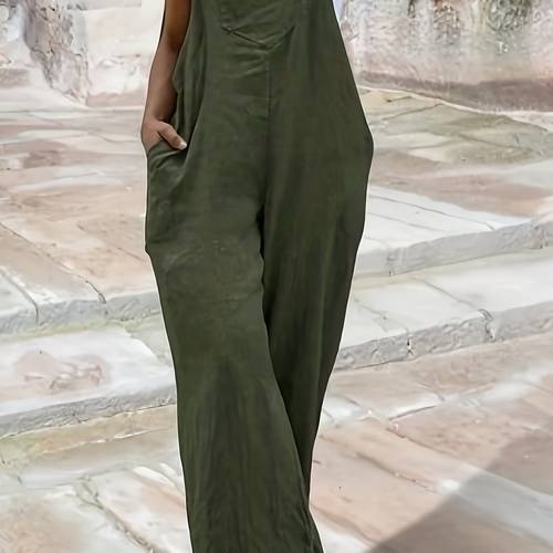 womens olive green wide leg jumpsuit with adjustable straps pockets elegant solid color non washable romper for casual to formal occasions