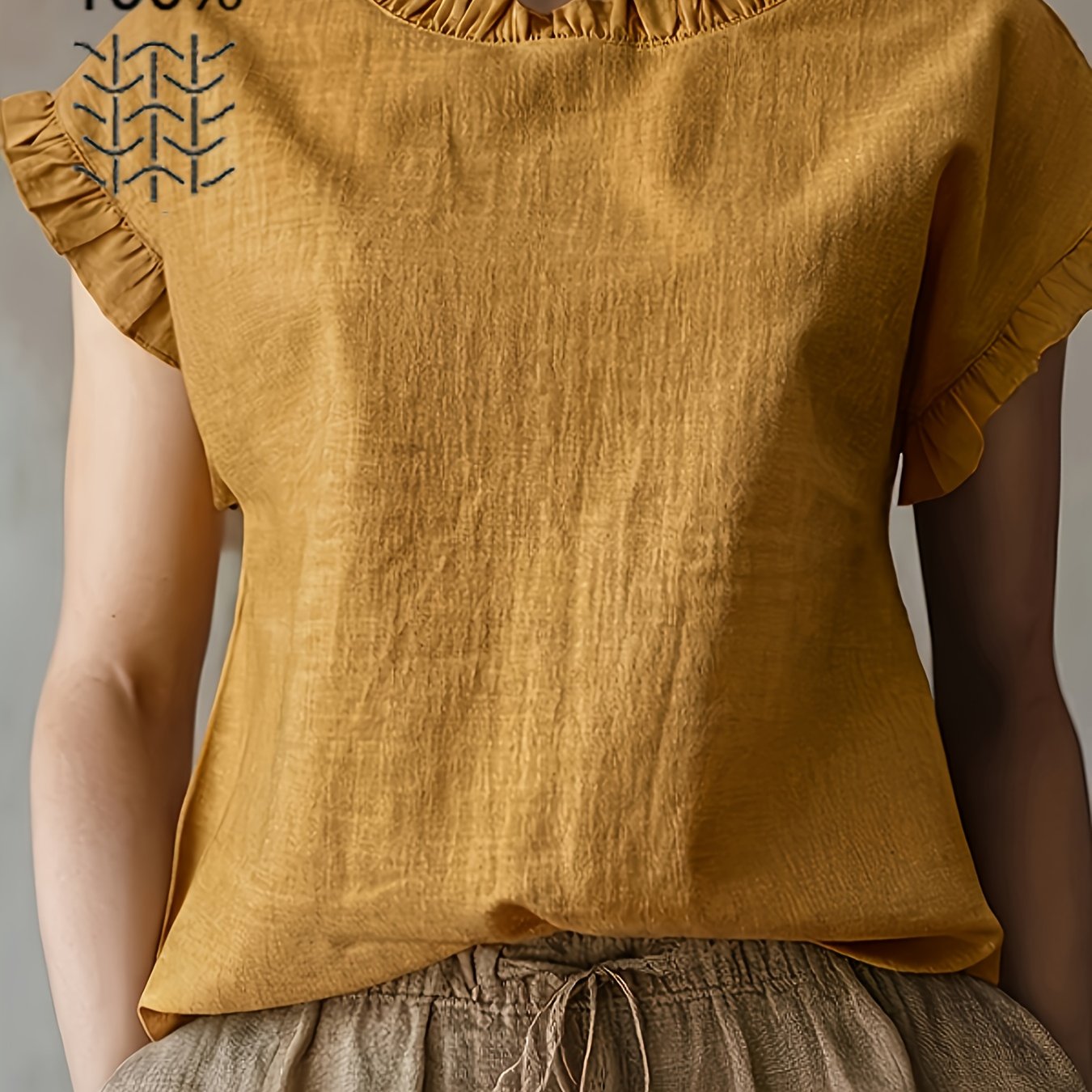 E-shop Elegantes Damen-Leinen-Top im französischen Vintage-Stil für den Urlaub, Kurzarm, mit Rüschen, Rundhalsausschnitt, gerafften Ärmeln, lockere