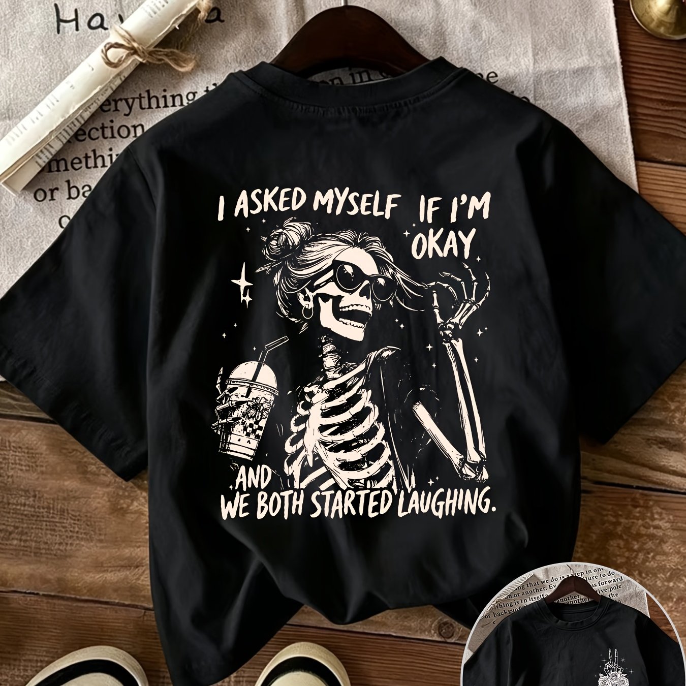 Image of Skull T-shirt, "i Ask If I'm Okay, " Whimsical Quote Print, Casual And Versatile Fashion Top, Suitable For Daily Wear