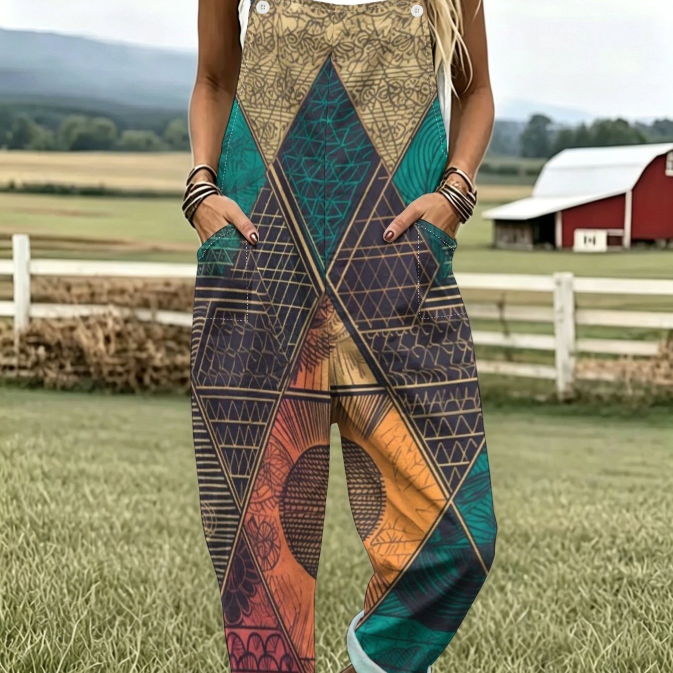 TEMU Retro Ethnic -block Diamond-shaped Geometric Pattern Printed Backless Pants For Women. Loose Multi-pocket Rolled Nine-piece Casual One-piece