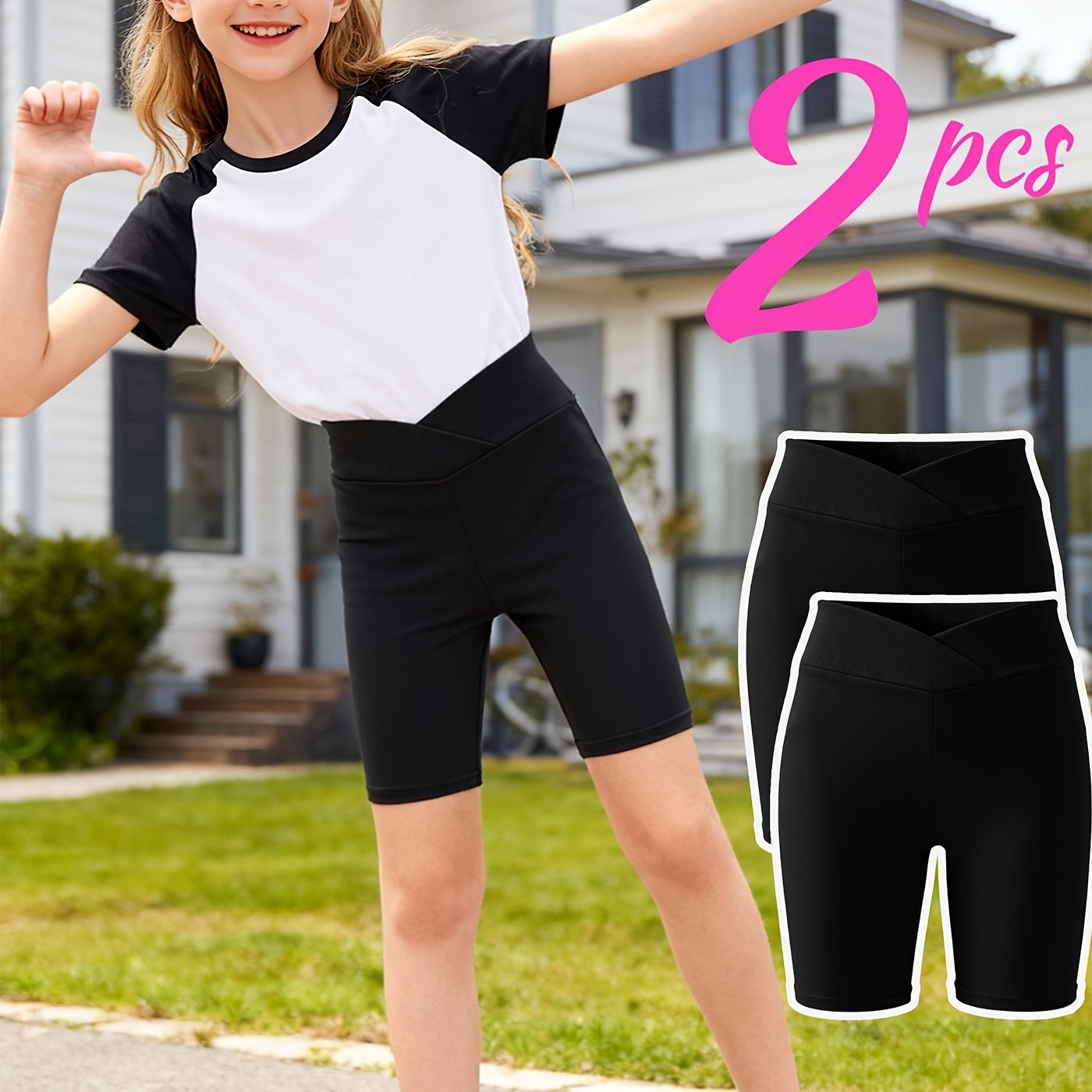 Image of 2pcs V-waist Design Children's High-waist Knee-length Pants, Girls' Summer Knee-high Leggings, Stretchy And Breathable, For Cycling , Perfect For Outdoor