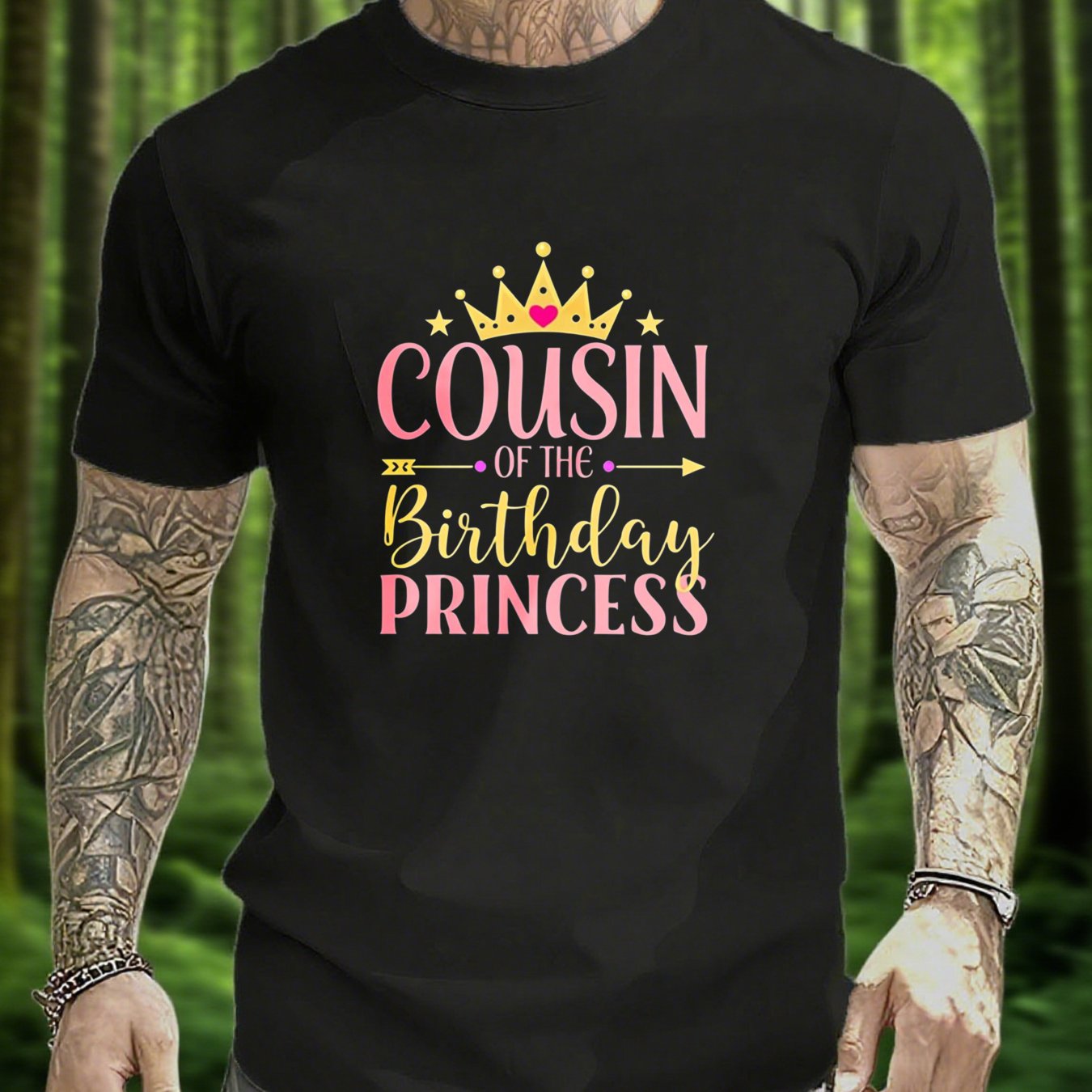 TEMU Black Short-sleeved T-shirt With A And Pink Text Cousin Of The Birthday Princess Print, Suitable For Birthday Party Gatherings