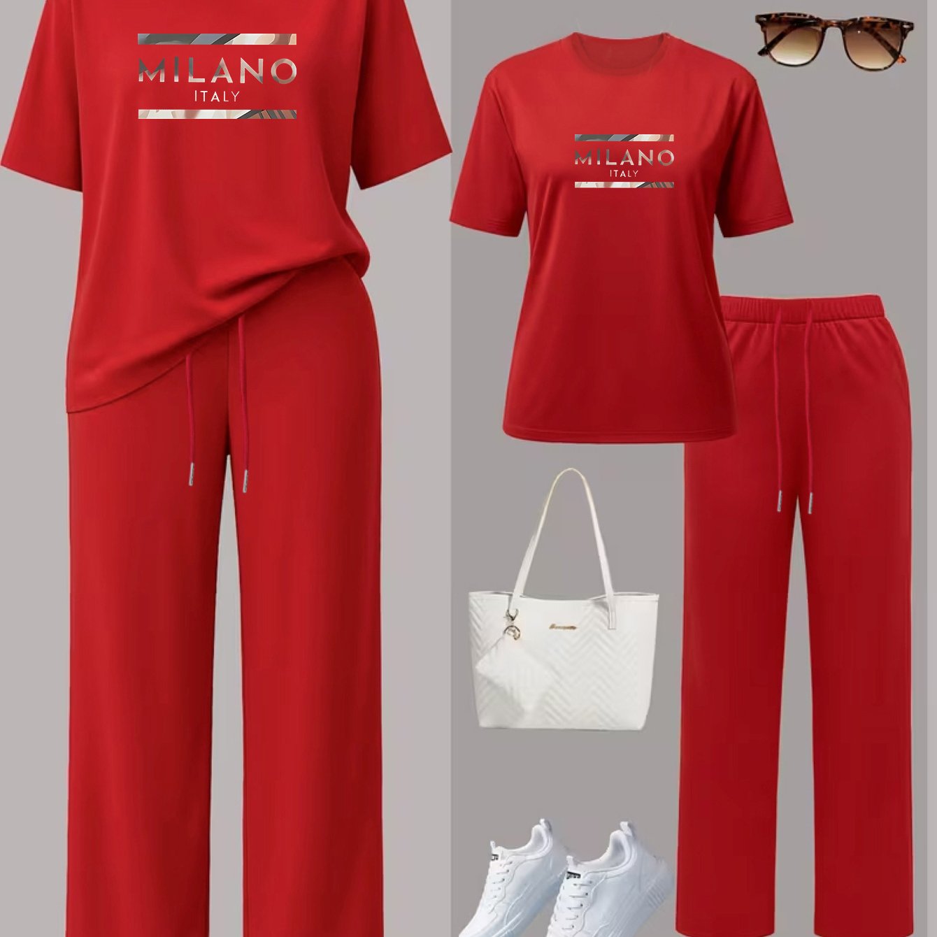 TEMU Casual Leisure And Women's Pants Set, Letter And Striped Print Women's Fashion Short Sleeve Round Neck T-shirt And Solid Color Wide Leg Loose