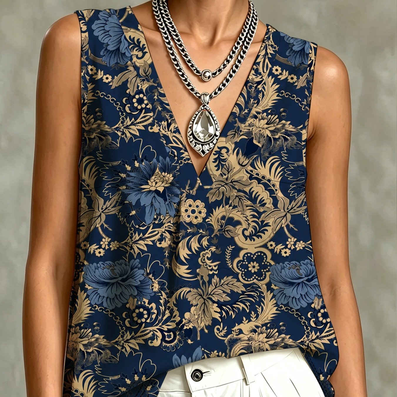 TEMU Vintage Baroque Floral Print V-neck Sleeveless Top, Elegant Vest, Skin-friendly And Breathable, Casual Daily Wear, Additions Not Included