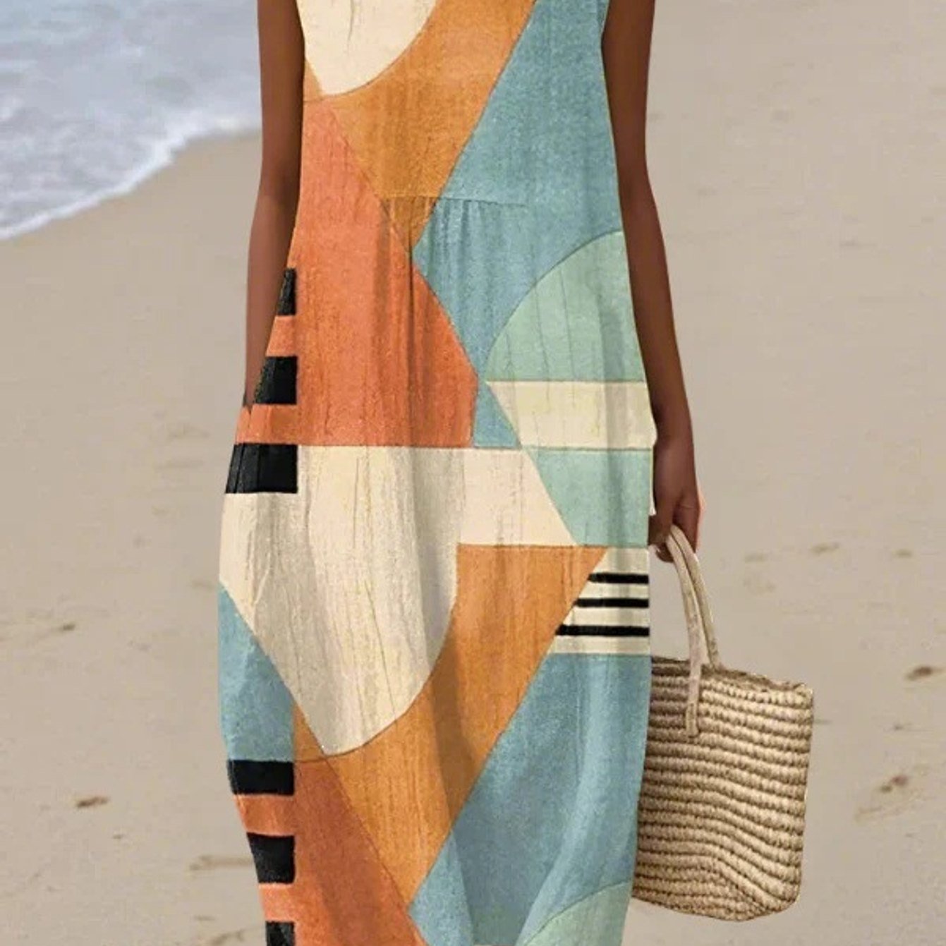 Sleeveless Loose Casual Round Neck 3d Print Maxi Dress With Ruched Fit Bamboo Linen Look