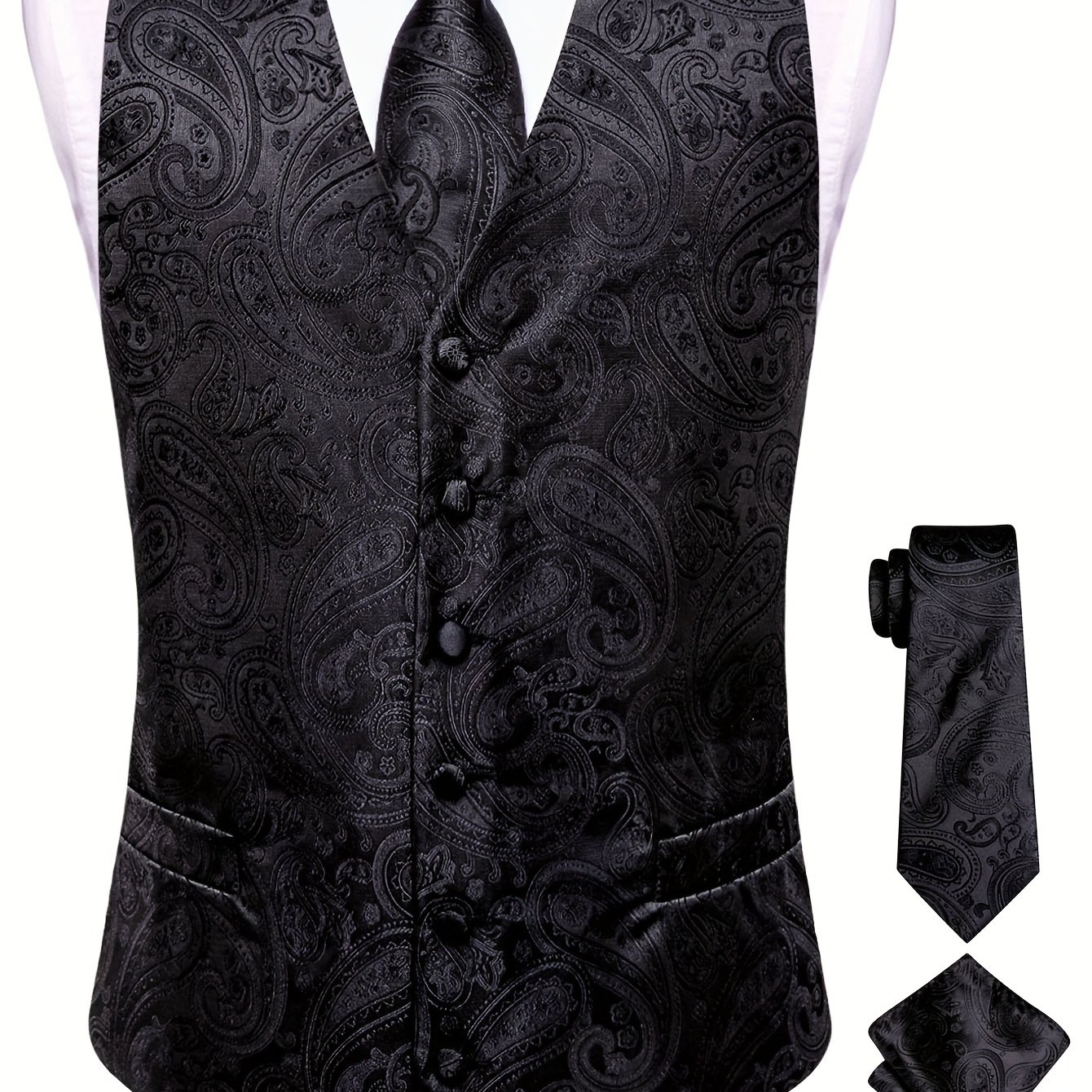 Image of Black Paisley Waistcoat With Necktie And Handkerchief For Plus-size Men, Perfect For Business Events And Weddings, Plus Size, Casual