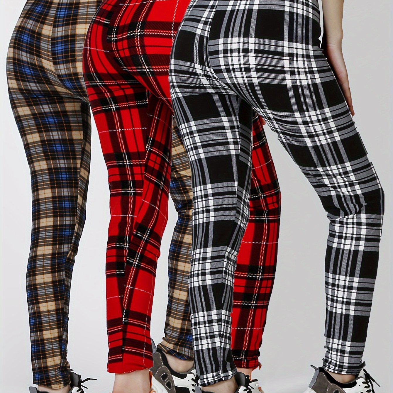 E-shop 3er-Pack Western Casual Elegante Leggings Damen Ultra-Weiche Skinny Hosen Schwarz Weiße Karierter Knöchelhose Und Hochelastische Leggings