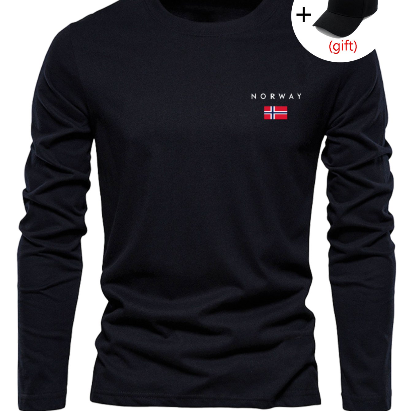 Image of Men's 100% Long Sleeve T-shirt With Logo Print | Olive Green Crew Neck Casual Shirt, Norway Flag-inspired Chest Logo & Brand Logos, Spring/fall Layering Essential For Daily Wear & - Breathable