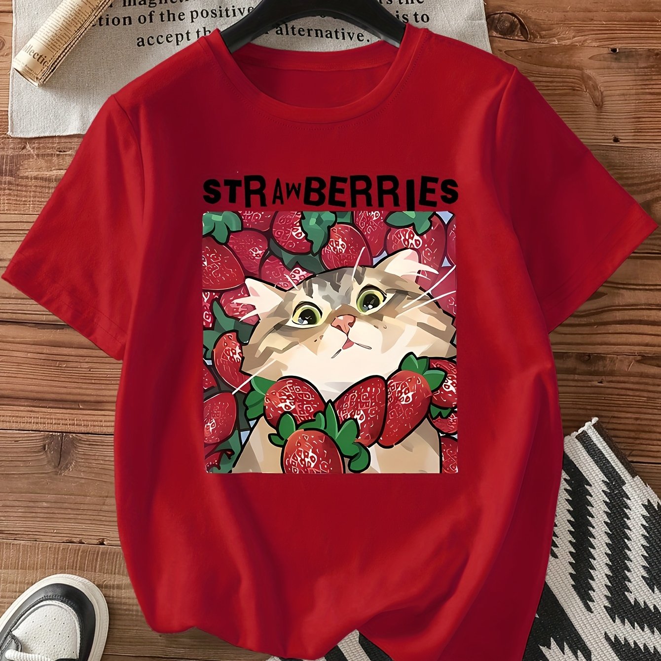 TEMU Women's Casual Short Sleeve T-shirt - Cute Cat Lounging In Strawberries Graphic With "strawberries" Text, Soft Olive Green, Relaxed Fit, Machine