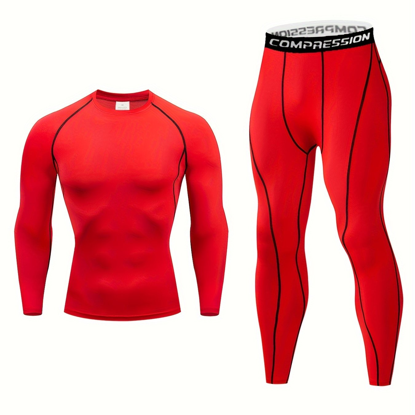 TEMU 2pcs Set - Men's Spring/autumn Sports Sweat-wicking Quick-dry High-stretch Fitted Base Layer Long Sleeve Top And Long Pants, Solid Color Basic
