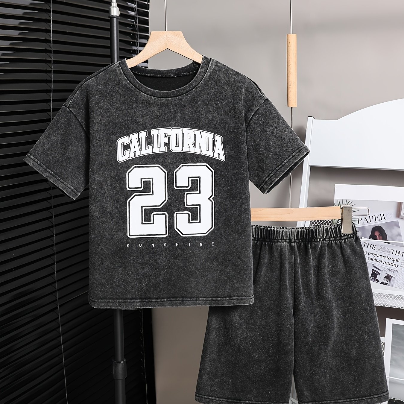 Image of Boys' Summer Washed Distressed Short Sleeve Set, No. 23 Print T-shirt And Shorts 2pcs Outfit. Features Washed Distressed For A High-quality Look, With Soft And Comfortable Fabric, Perfect For Outdoor