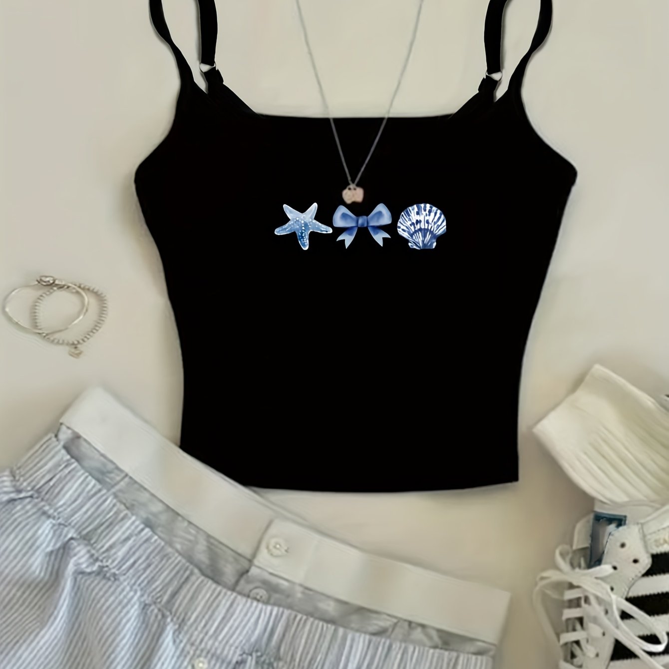 TEMU T05-Gilet Décontracté Femme à Imprimé , Étoile de Mer et Nœud, Haut Polyvalent pour Plage et Vacances d'Été - WZH701